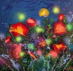 EVENING GLOWOF OF FLOWERS, Painting, Acrylic on Canvas