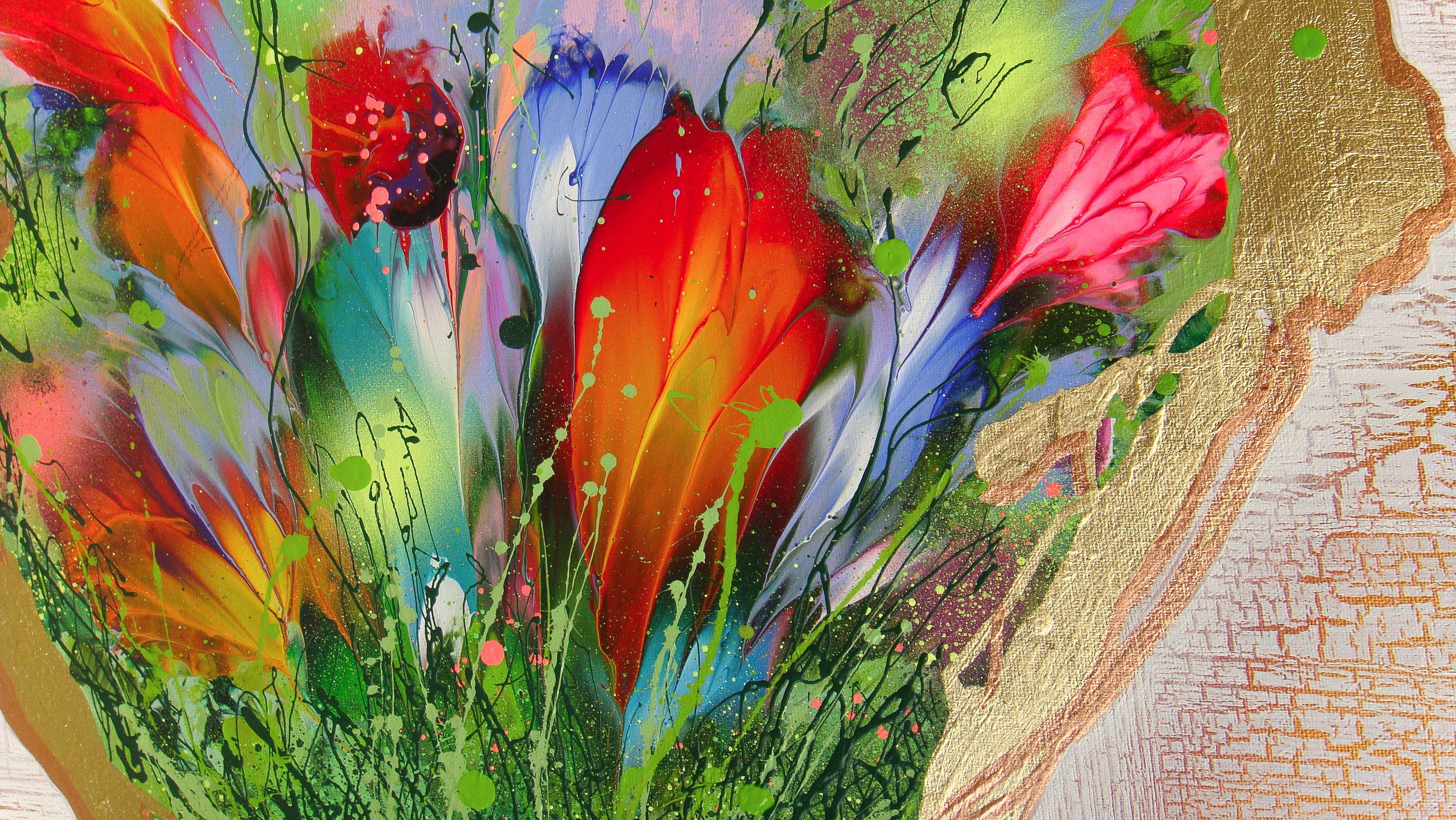 FLORAL MOMENT, Painting, Acrylic on Canvas - Beige Abstract Painting by Irini Karpikioti