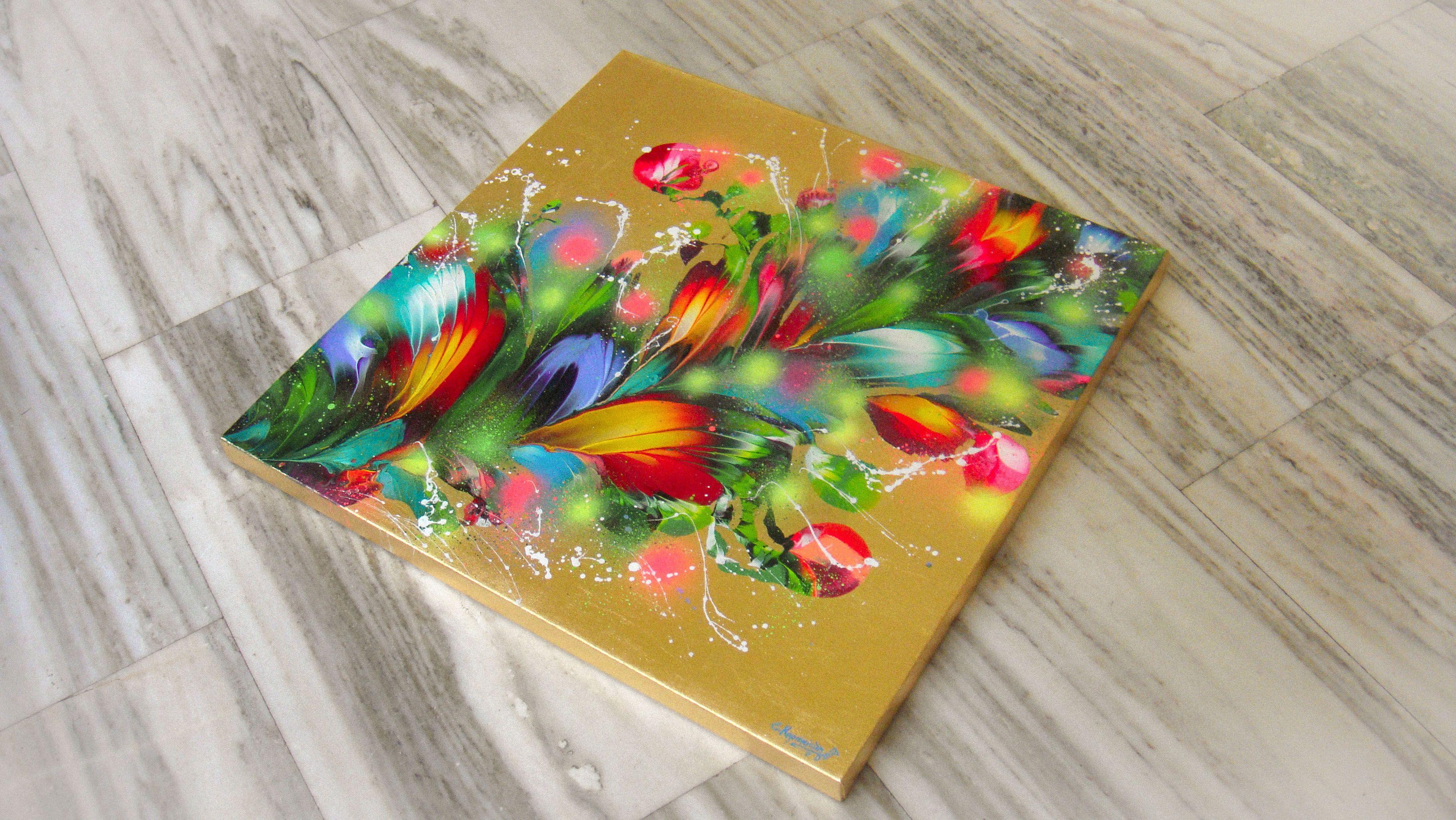 BOUQUET DE FLORES SOBRE FONDO DORADO, Pintura, Acrílico sobre lienzo - Painting Abstracto de Irini Karpikioti