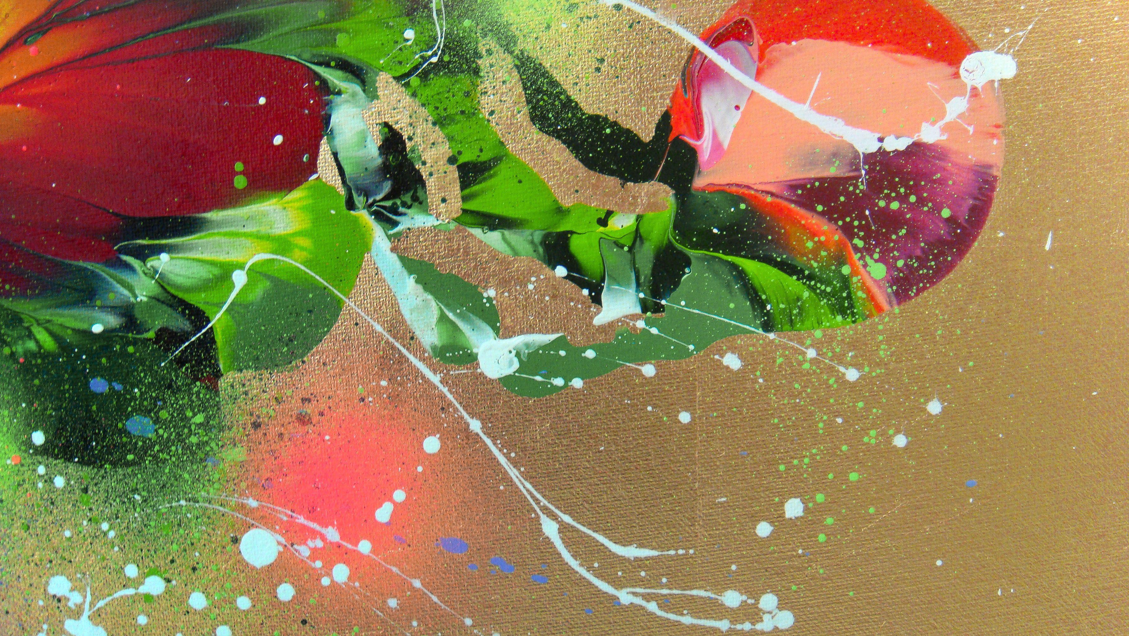 BOUQUET DE FLORES SOBRE FONDO DORADO, Pintura, Acrílico sobre lienzo - Abstract Painting Marrón de Irini Karpikioti
