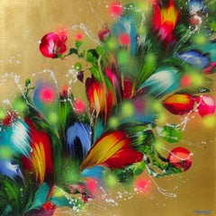 FLOWER BOUQUET ON GOLDEN BACKGROUND, Painting, Acrylic on Canvas