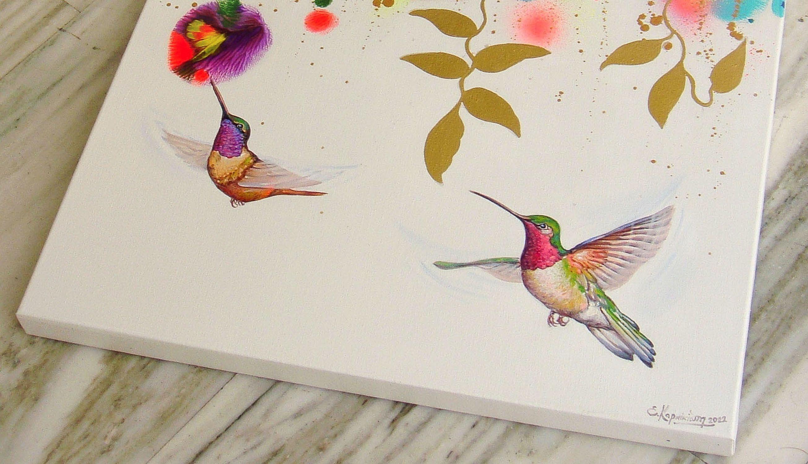 FLOWERS AND HUMMINGBIRDS, Painting, Acrylic on Canvas For Sale 3