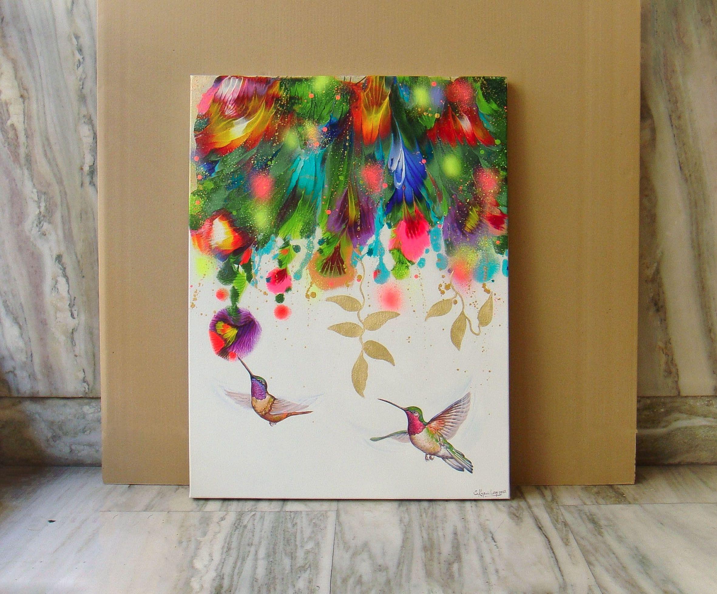 FLOWERS AND HUMMINGBIRDS, Painting, Acrylic on Canvas For Sale 4