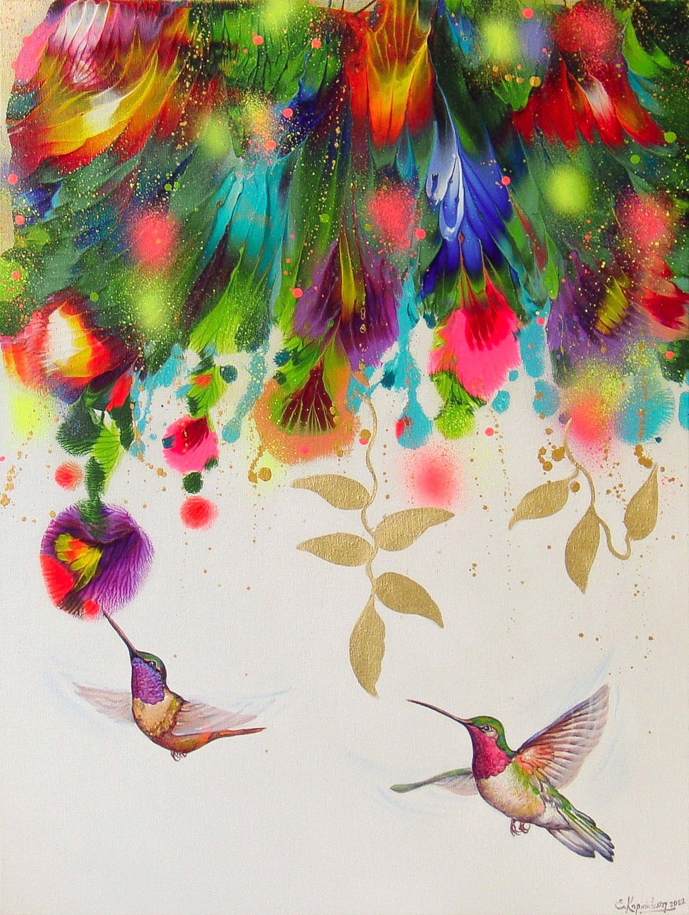 FLOWERS AND HUMminGBIRDS, peinture, acrylique sur toile - Painting de Irini Karpikioti