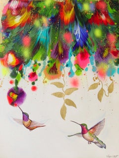 FLOWERS AND HUMMINGBIRDS, Painting, Acrylic on Canvas