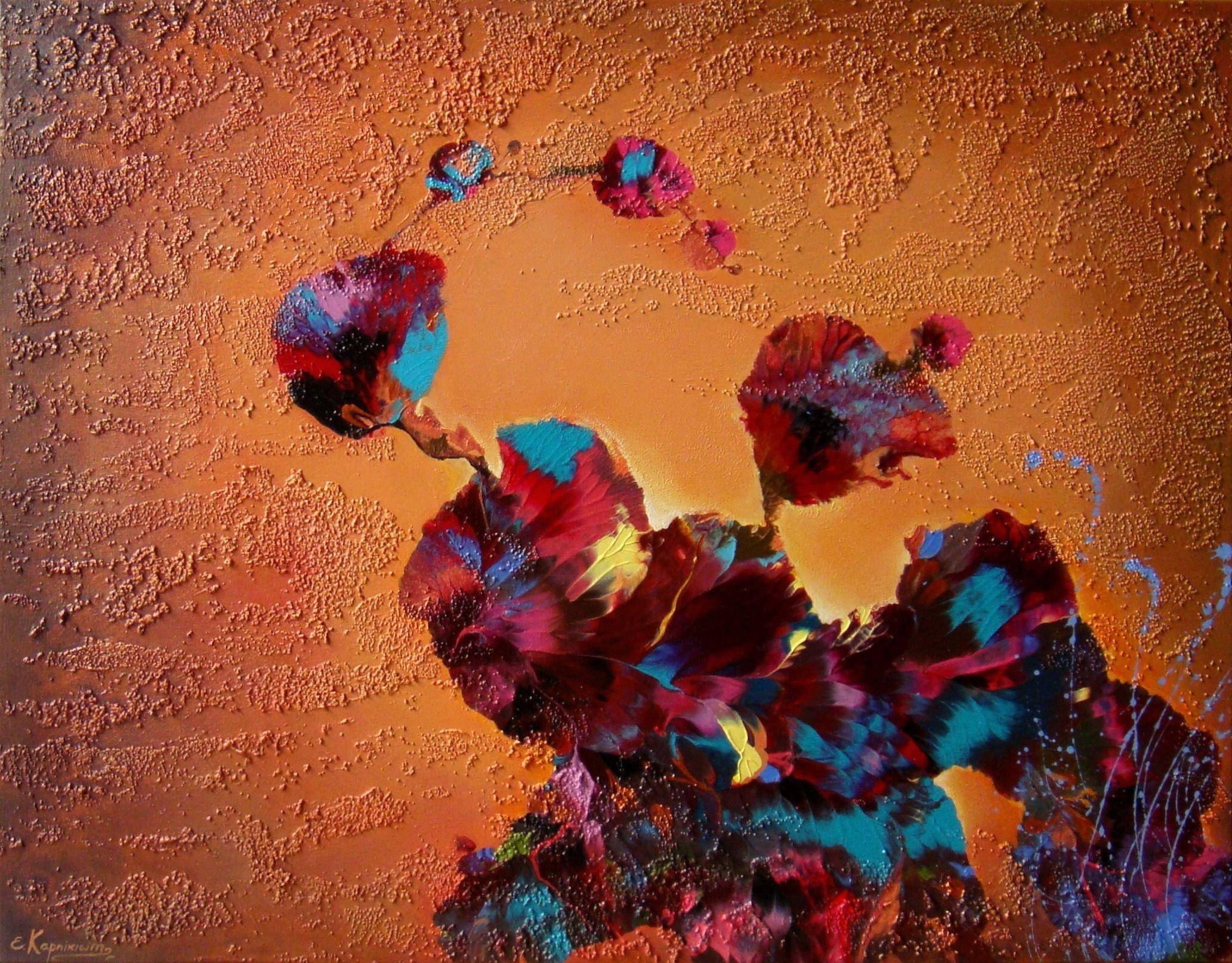 Irini Karpikioti Abstract Painting - FLOWERS AT SUNSET, Painting, Acrylic on Canvas