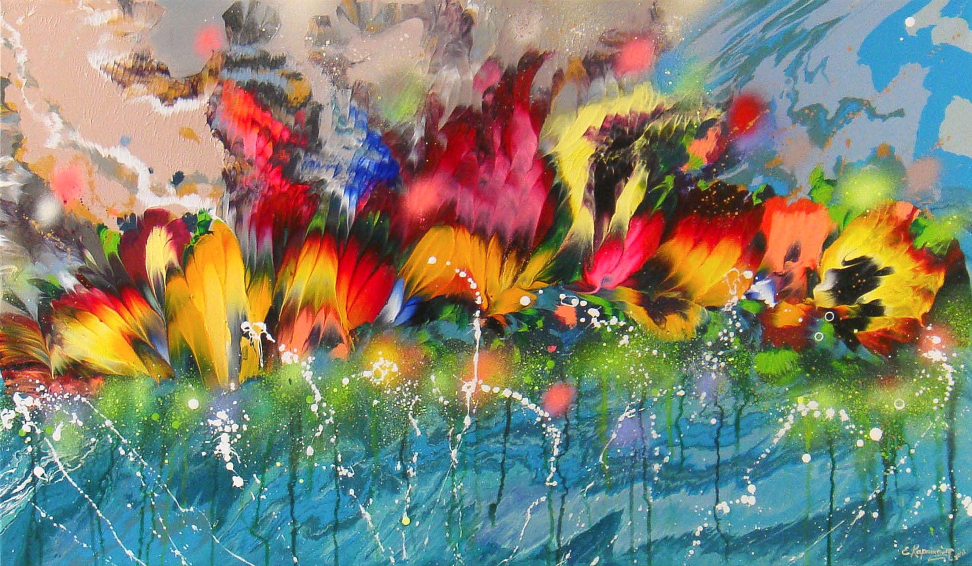 Irini Karpikioti Abstract Painting - FLOWERS IN WATER, Painting, Acrylic on Canvas