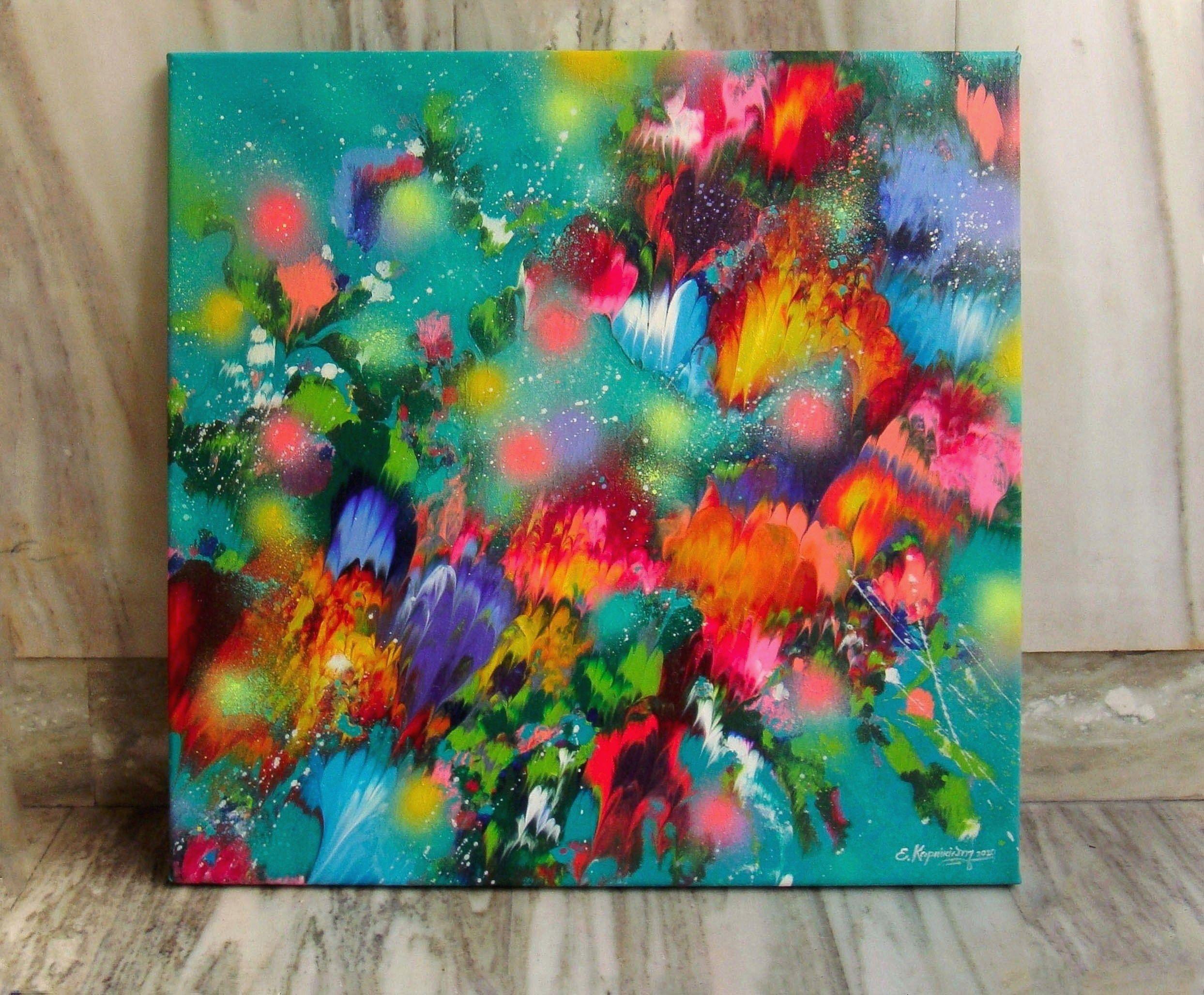 FLOWERS OF EMERALD LAKE, Painting, Acrylic on Canvas - Blue Abstract Painting by Irini Karpikioti