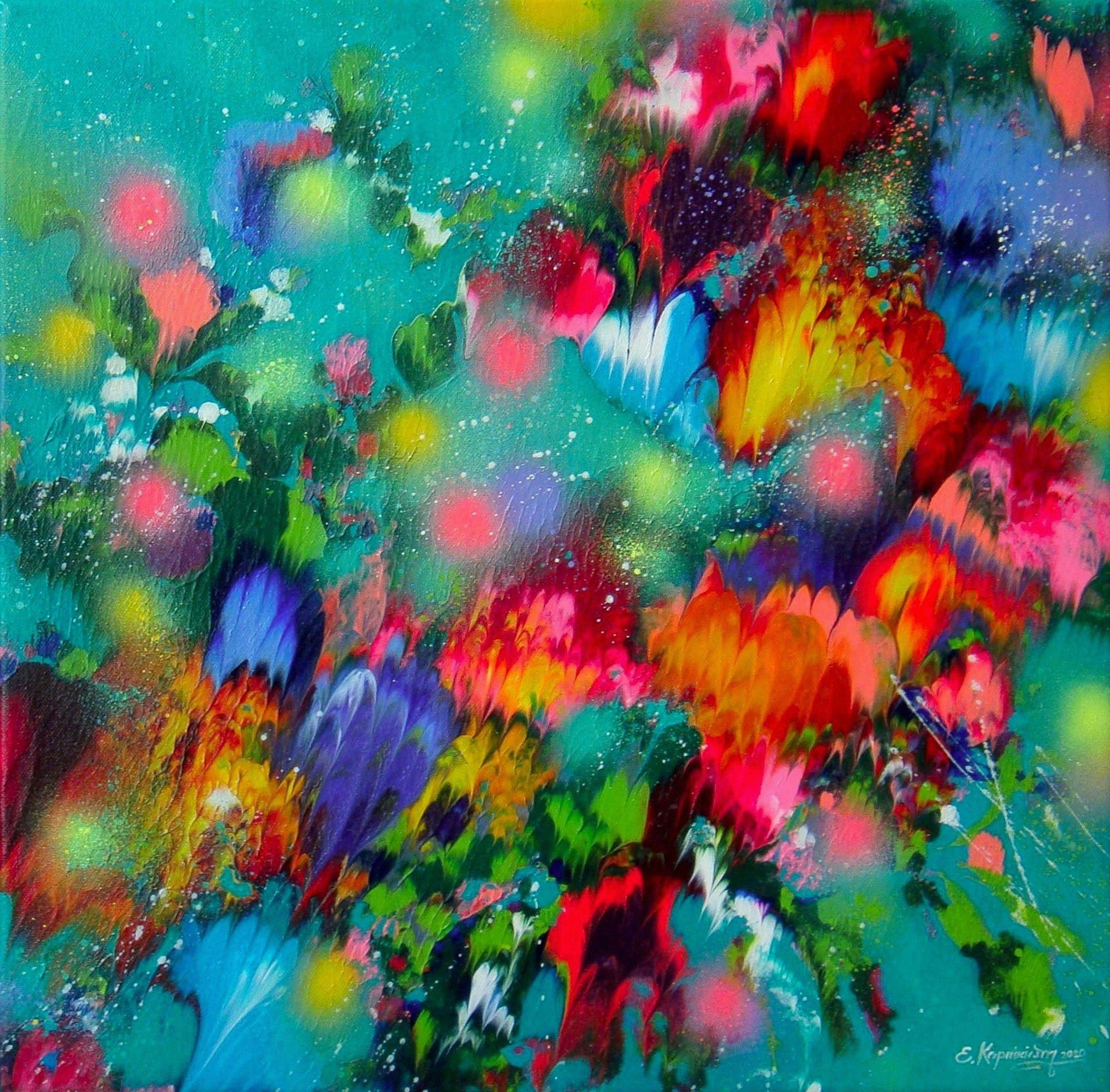 Irini Karpikioti Abstract Painting - FLOWERS OF EMERALD LAKE, Painting, Acrylic on Canvas