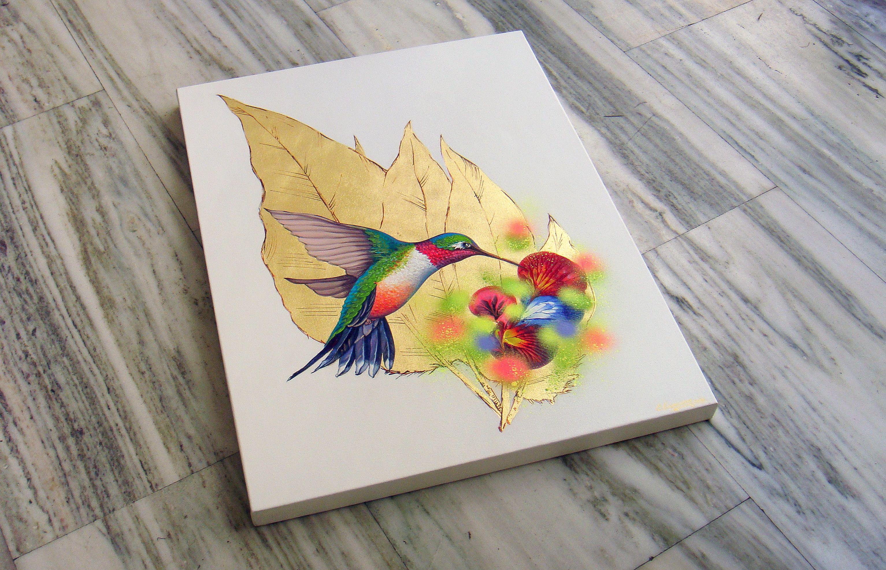 Bienvenue dans ma Gallery et merci pour votre visite !    Cette peinture unique en son genre est une œuvre d'art originale, créée à la main dans mon studio en Grèce.  -----------------  Les colibris ont une longue histoire de folklore et de