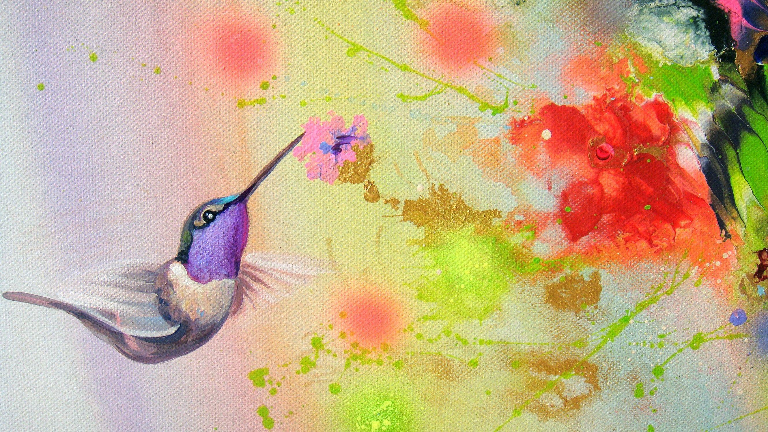 HUMMINGBIRDS AND RAINBOW, Painting, Acrylic on Canvas 1
