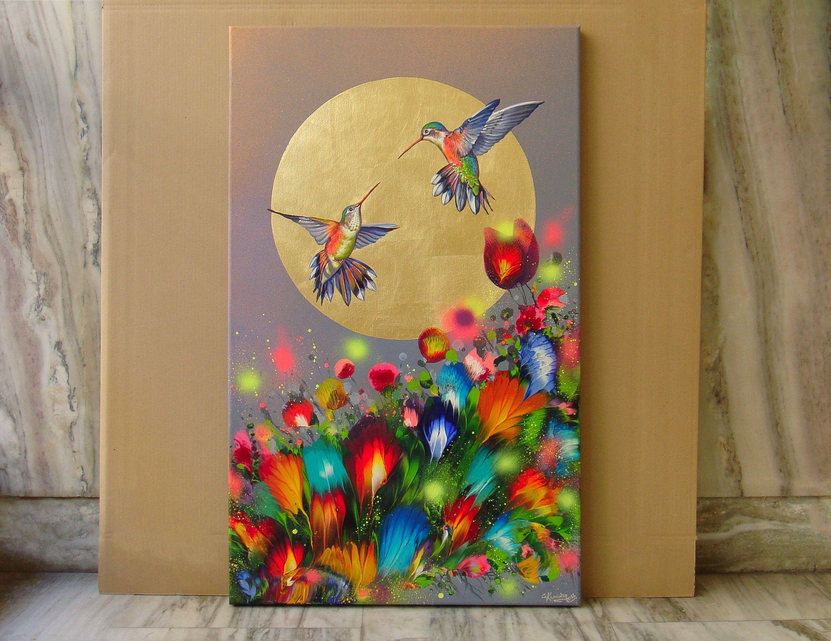 HUMMINGBIRDS AT SUNSET, Painting, Acrylic on Canvas For Sale 1
