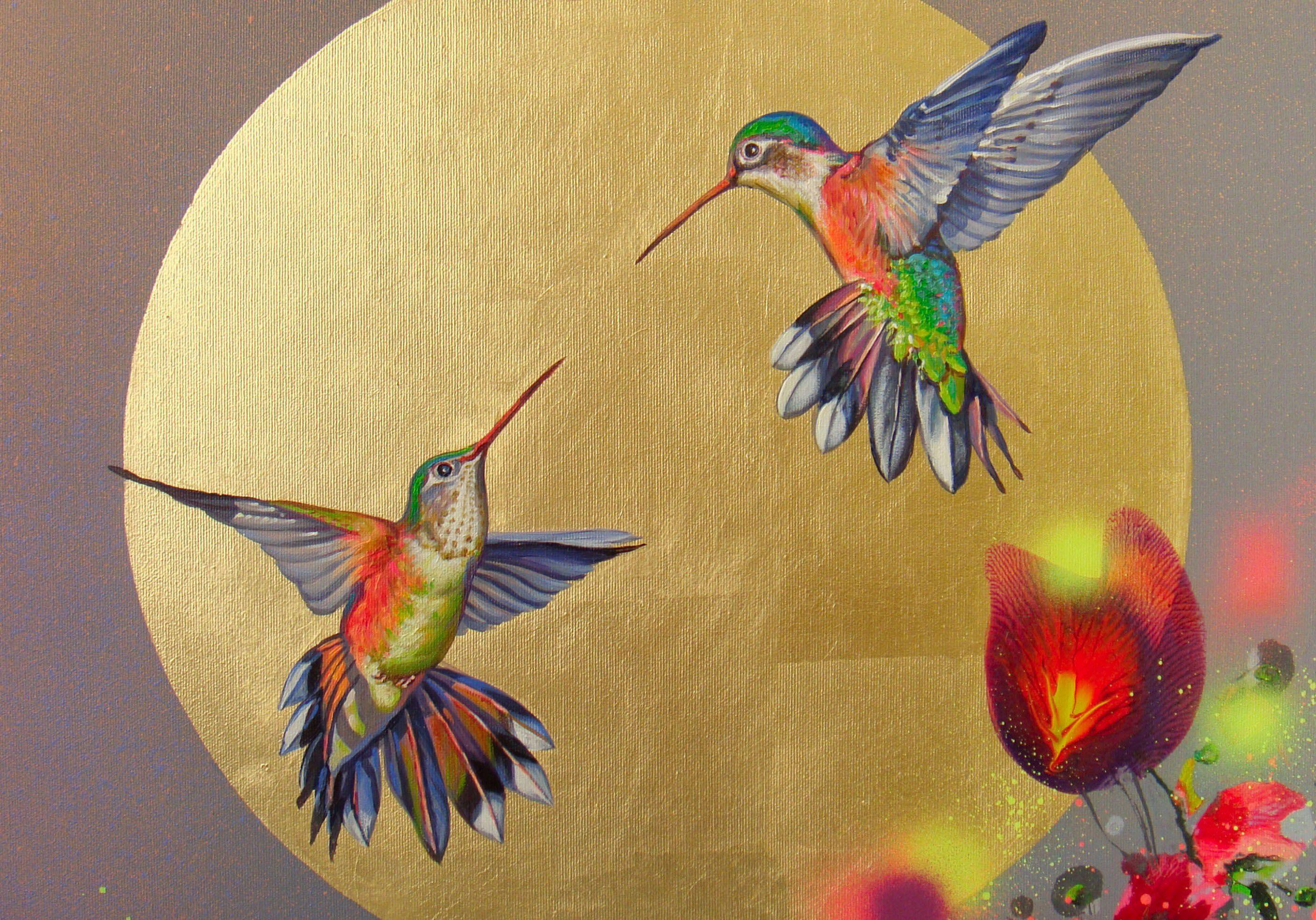 HUMMINGBIRDS AT SUNSET, Painting, Acrylic on Canvas For Sale 4
