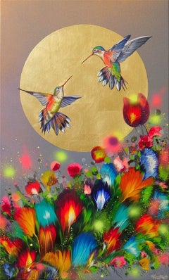 HUMMINGBIRDS AT SUNSET, peinture, acrylique sur toile