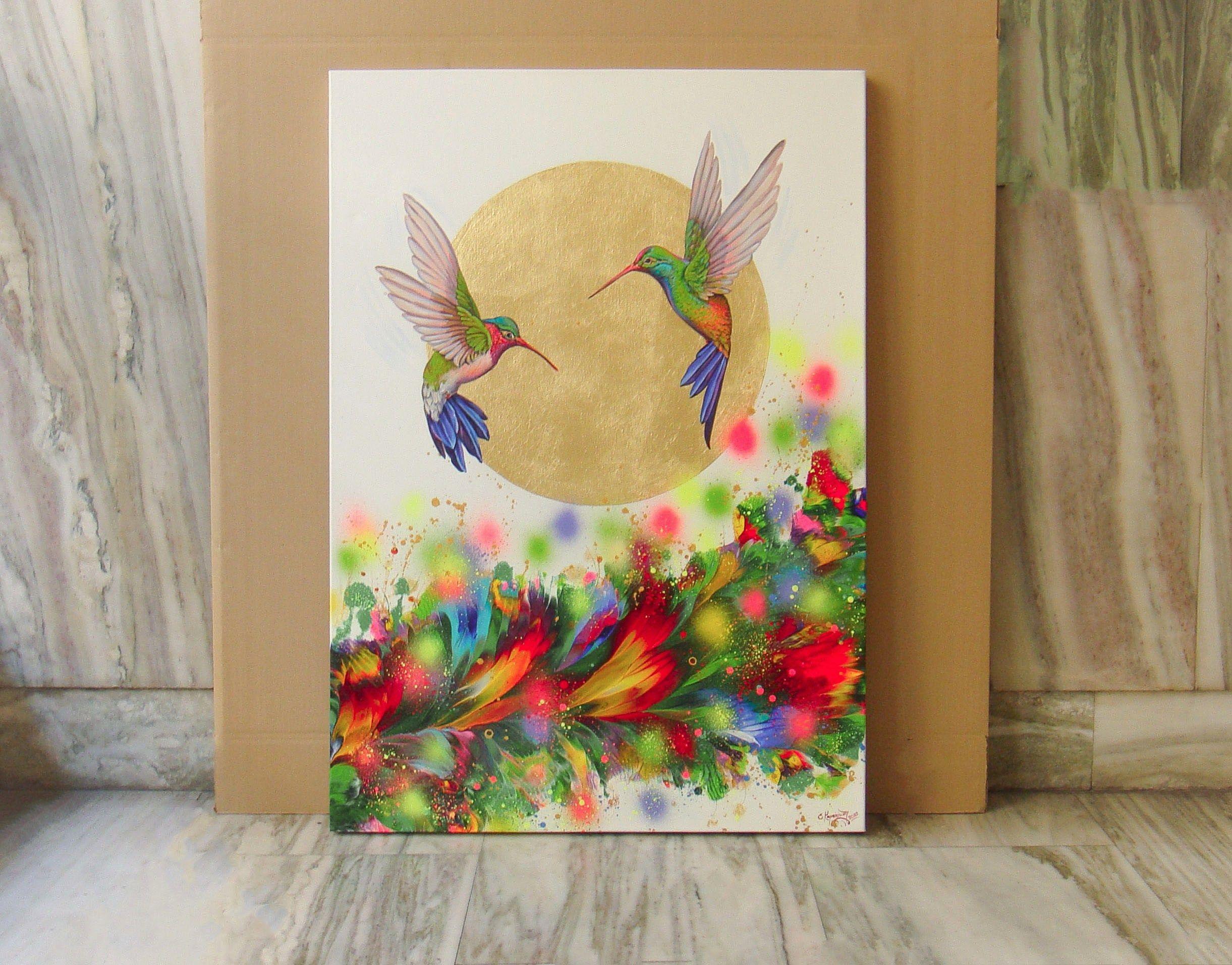 HUMMINGBIRDS IN FLIGHT, Painting, Acrylic on Canvas For Sale 1