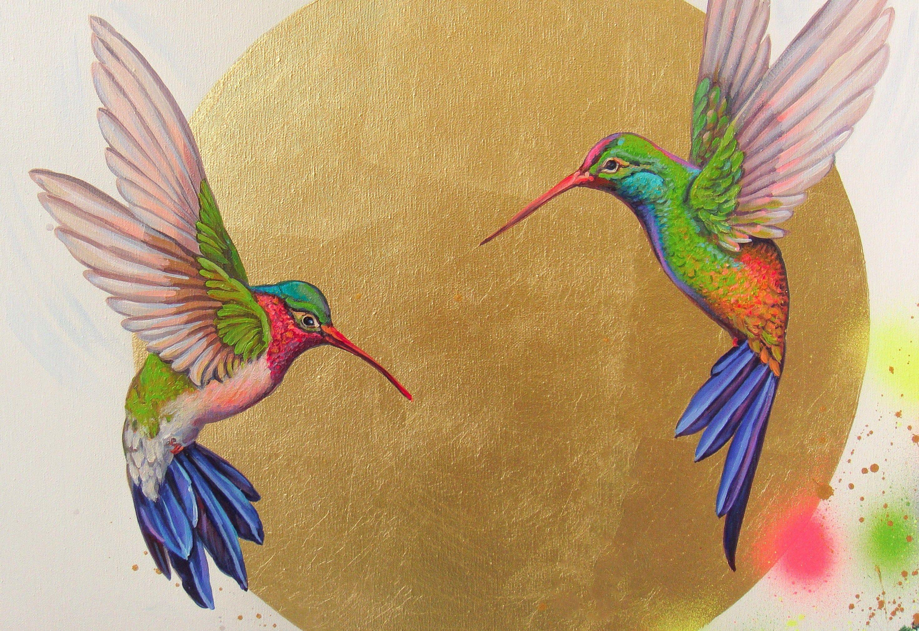 HUMMINGBIRDS IN FLIGHT, Painting, Acrylic on Canvas For Sale 2