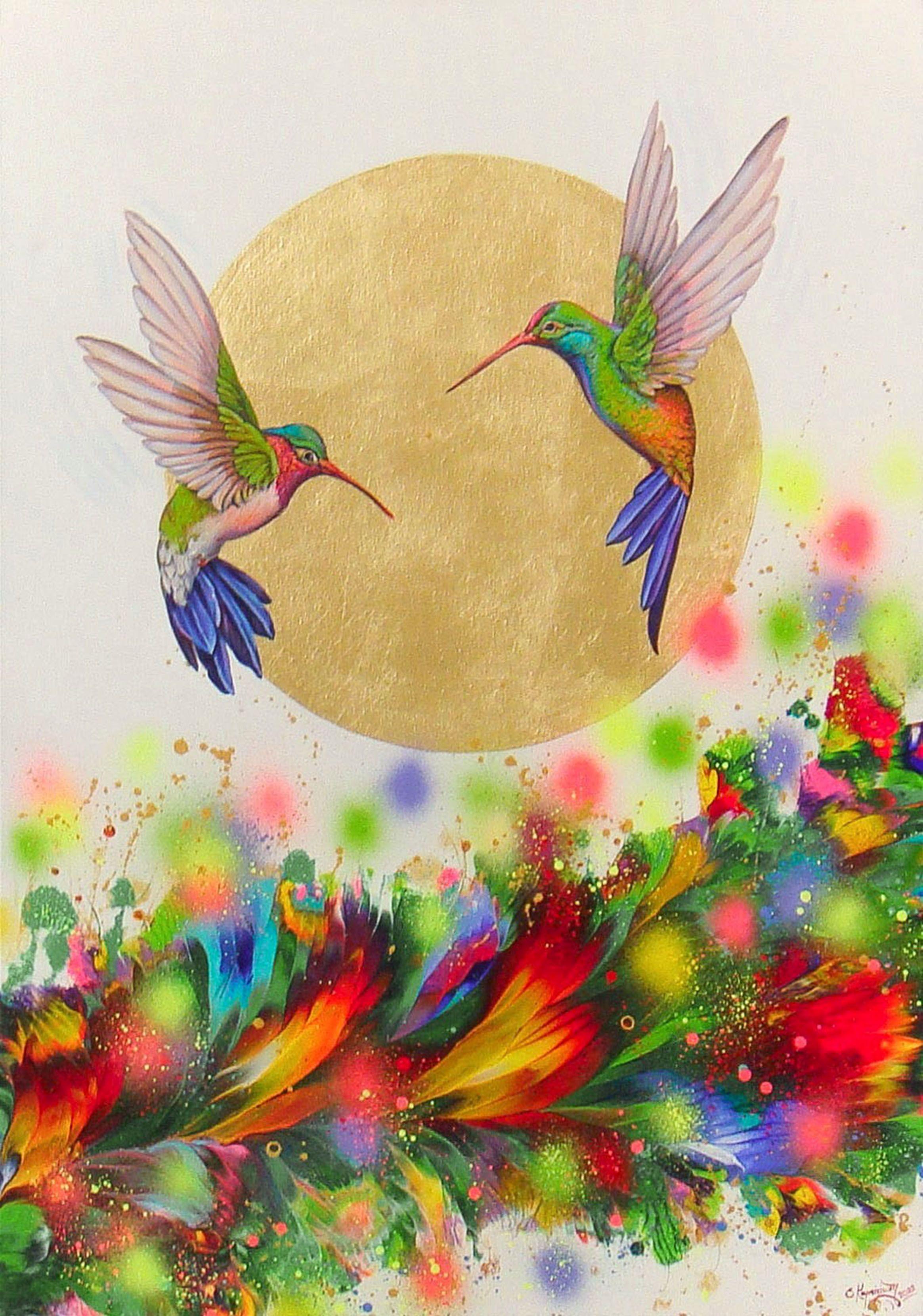 Welcome to my Gallery and thanks for your visit!    This one of a kind painting is an original piece of artwork, created by hand in my studio in Greece.  -----------------  Hummingbirds have a long history of folklore and symbolism in native