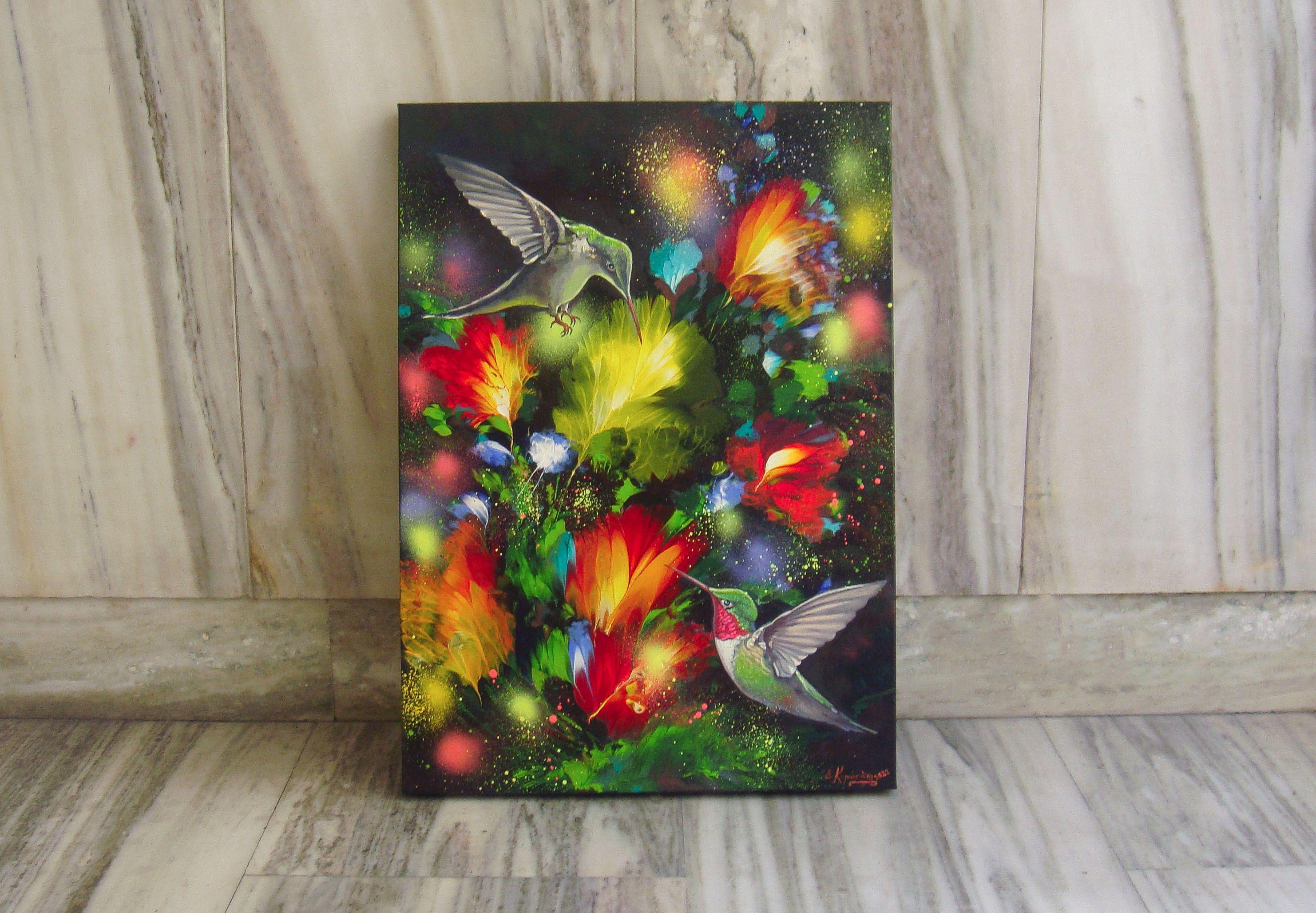 HUMMINGBIRDS IN THE MOONLIGHT, Painting, Acrylic on Canvas For Sale 1