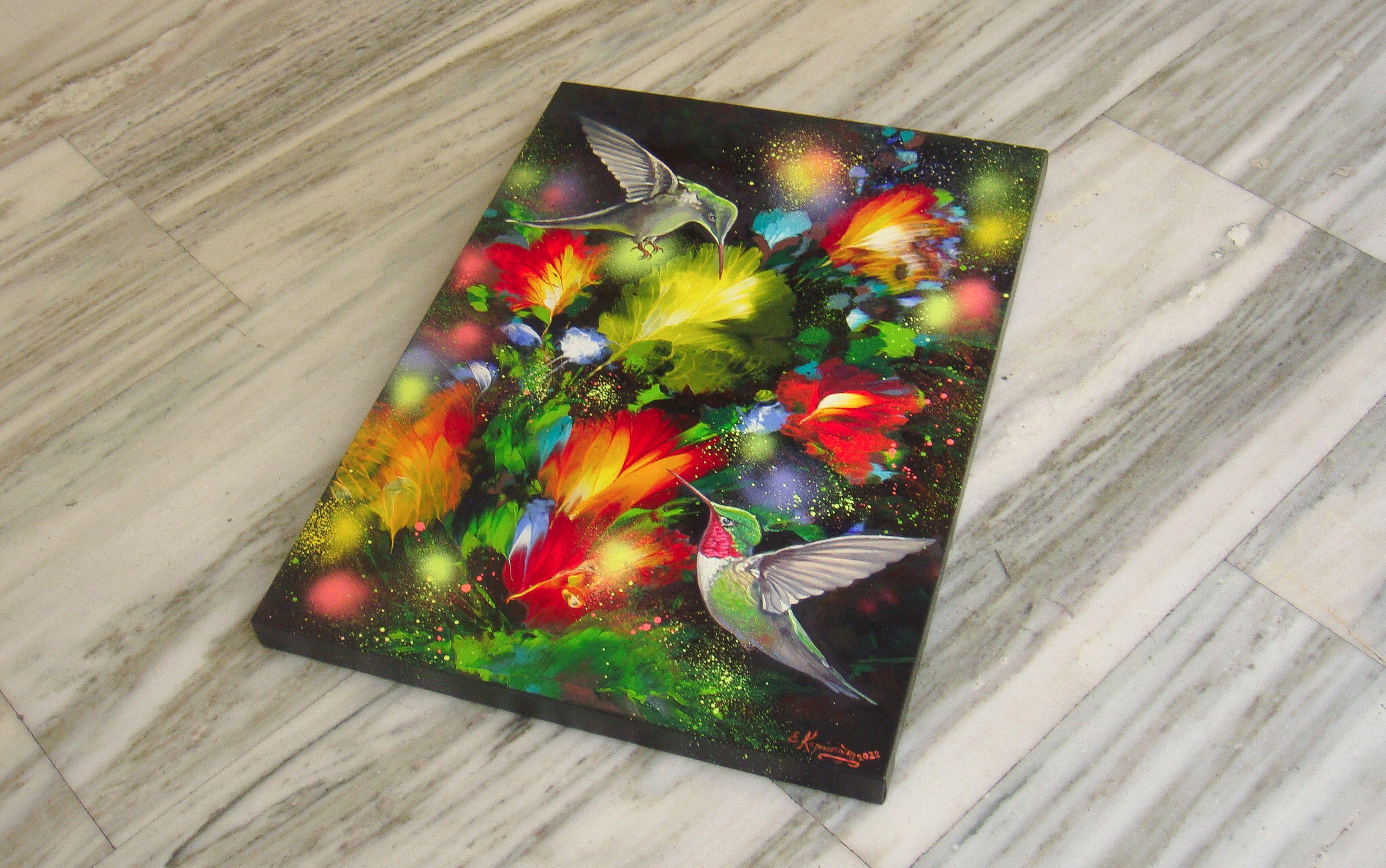 HUMMINGBIRDS IN THE MOONLIGHT, Painting, Acrylic on Canvas For Sale 3