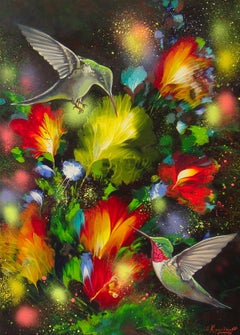 HUMMINGBIRDS IN THE MOONLIGHT, Painting, Acrylic on Canvas