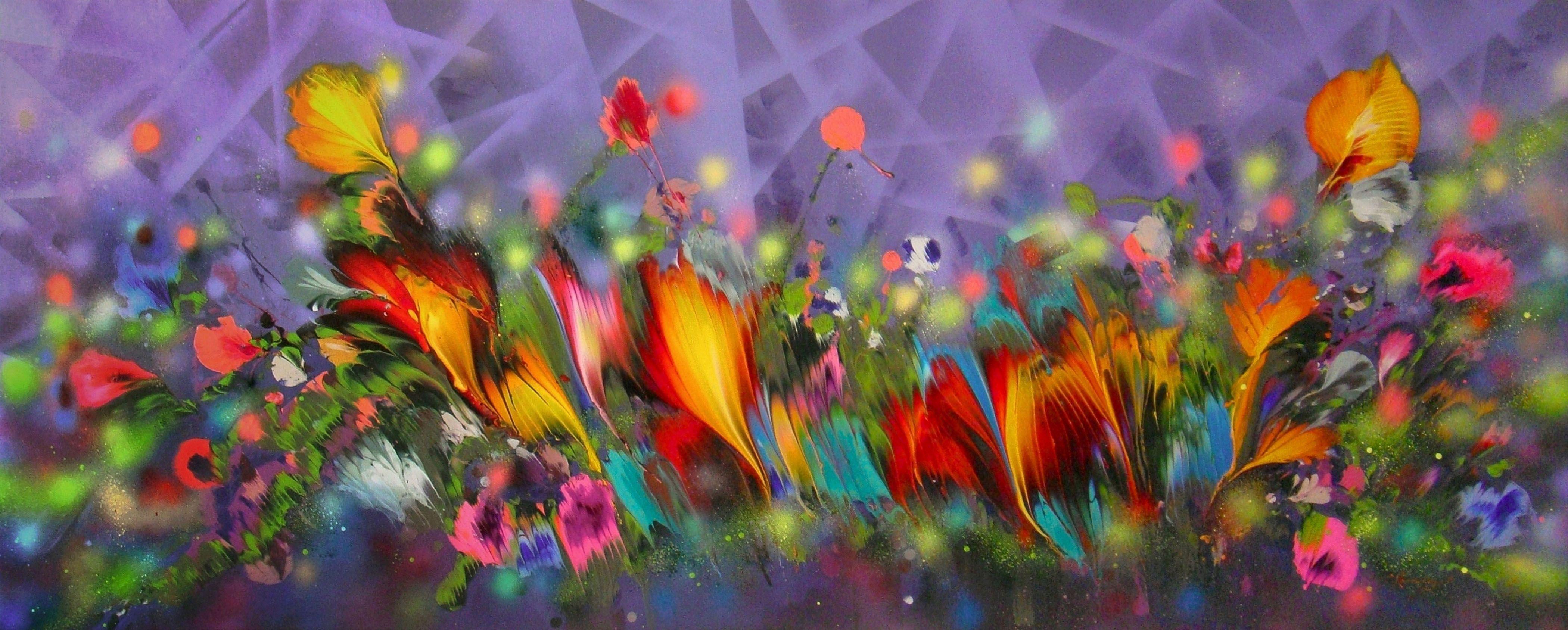 MAGIC GLOWING FLOWERS, Painting, Acrylic on Canvas