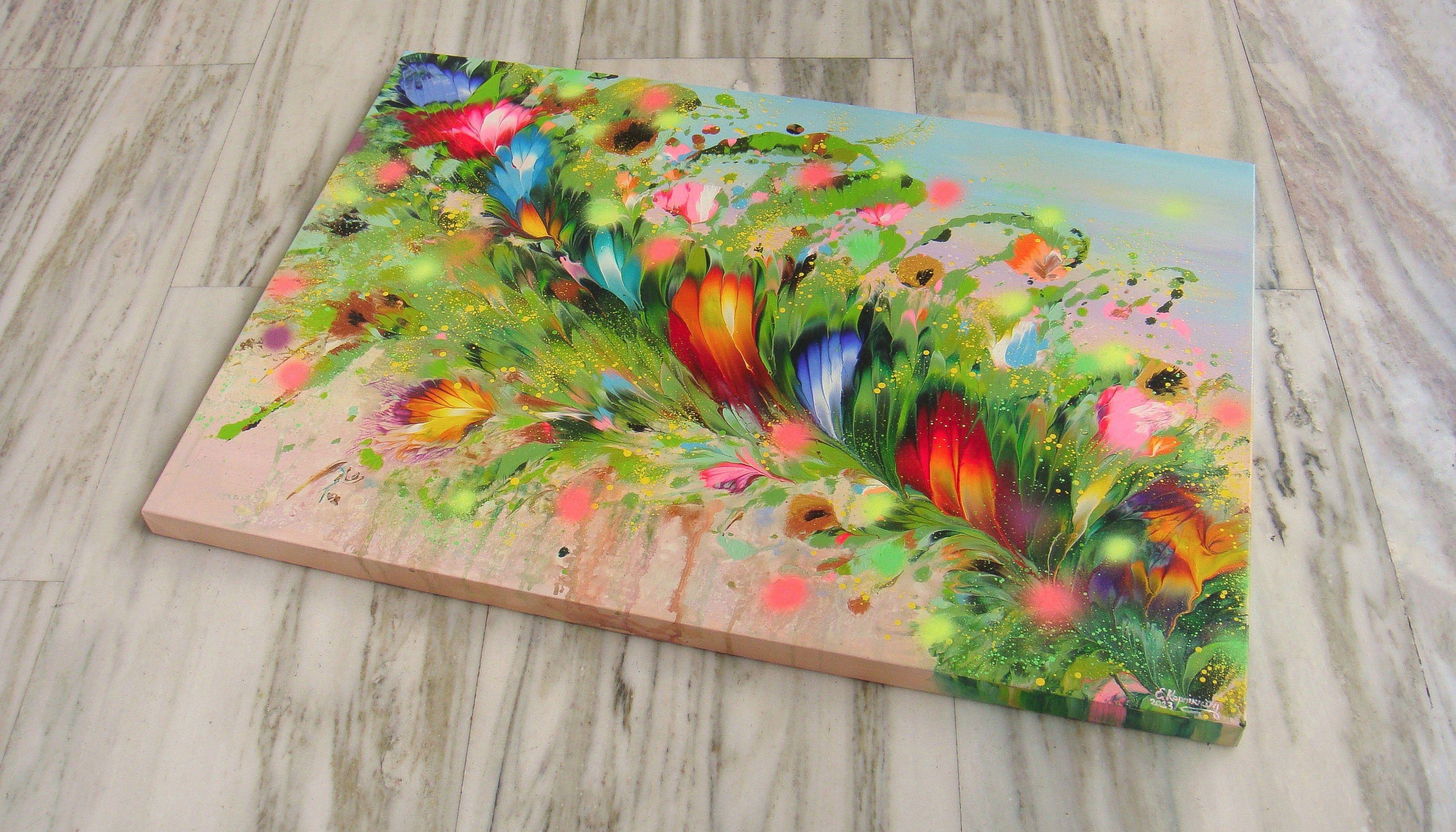 Willkommen in meiner Galerie und vielen Dank für Ihren Besuch!    Original Floral Abstraktes Gemälde auf Leinwand  *********  In meiner Kreation habe ich die Essenz eines lebendigen Erwachens kanalisiert, indem ich die fließenden Acrylfarben benutzt