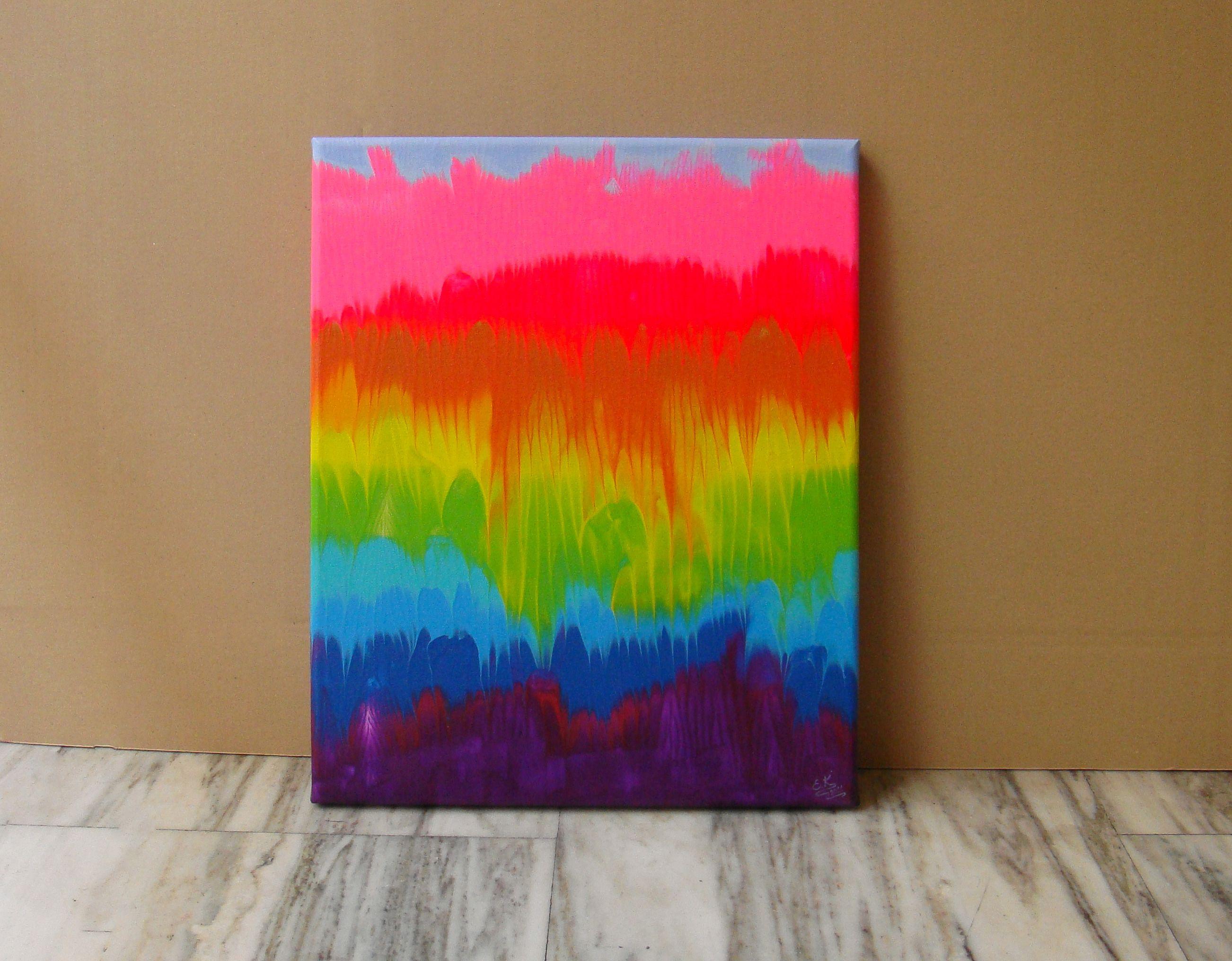 Abstract Painting on Canvas  The painting depicts an iridescent blend of rainbow colors that are painted horizontally. Vibrant and dynamic colors of the rainbow symbolize our hopes for a brighter future and make us forget about all our troubles and