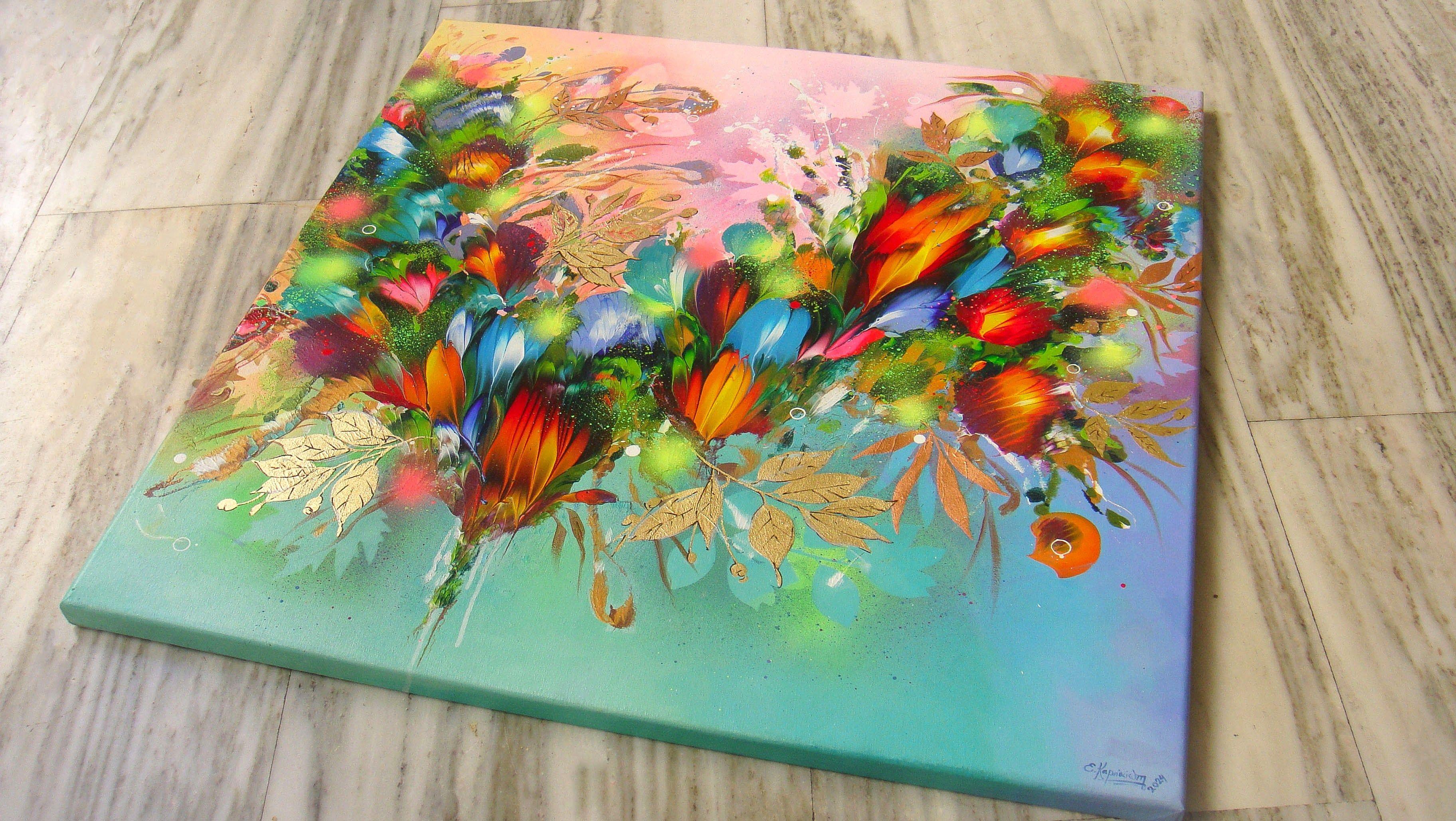 SUMMER FLOWER MELODIES, peinture, acrylique sur toile - Abstrait Painting par Irini Karpikioti