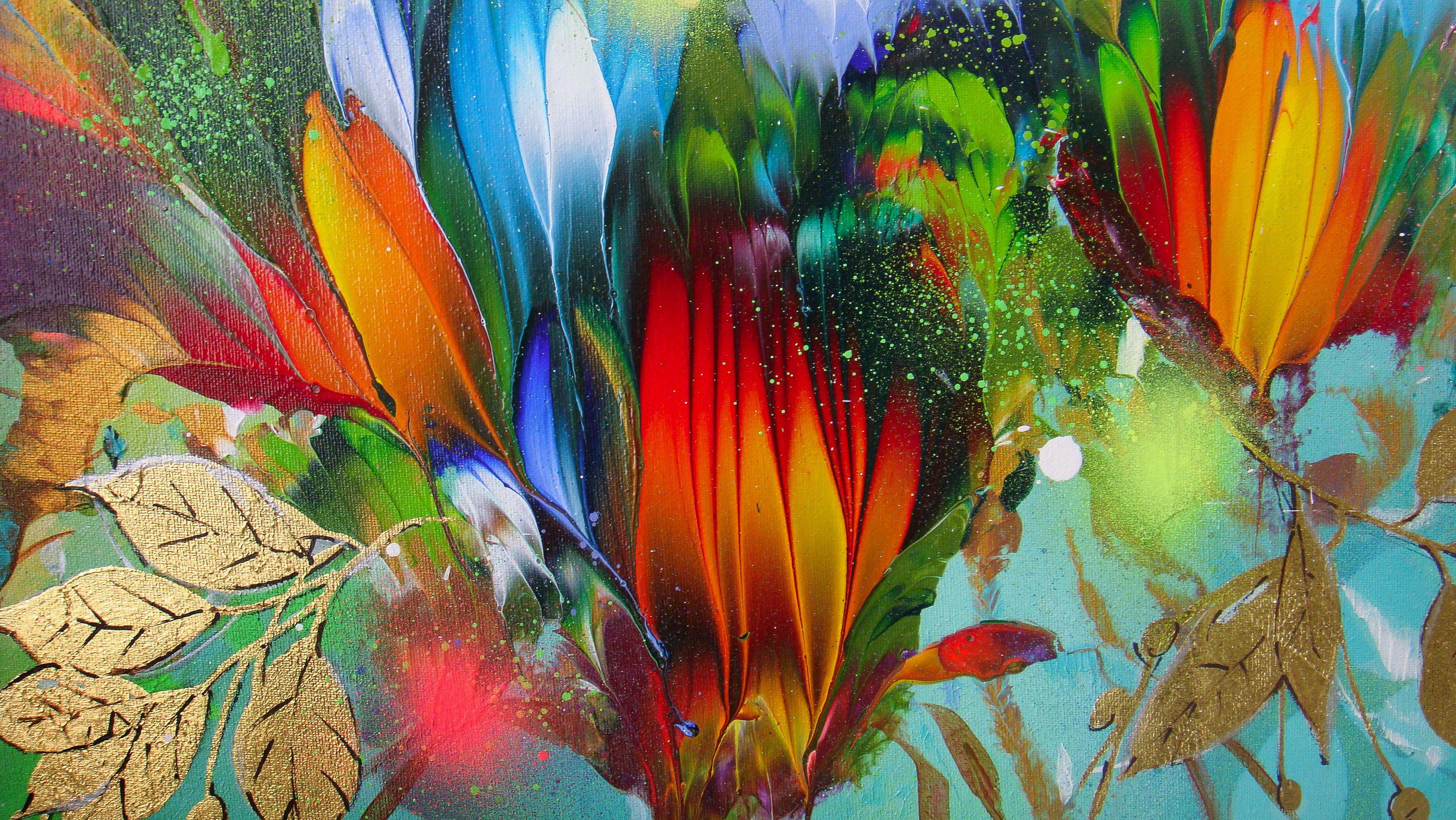 SUMMER FLOWER MELODIES, peinture, acrylique sur toile - Marron Abstract Painting par Irini Karpikioti