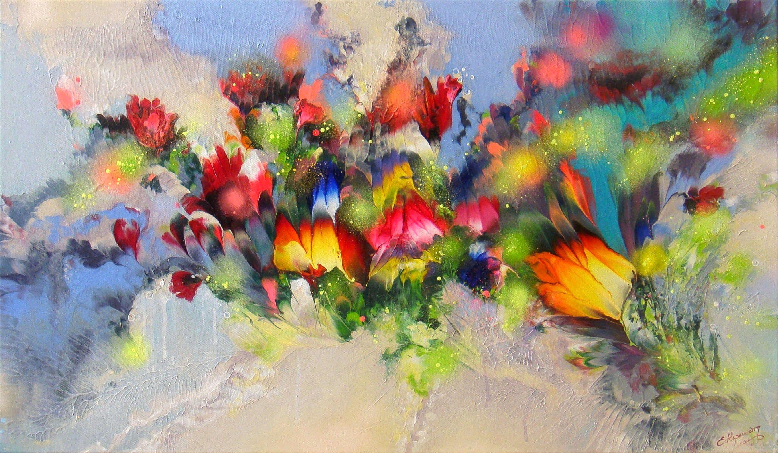 Irini Karpikioti Abstract Painting - SUMMER FLOWER MELODIES, Painting, Acrylic on Canvas