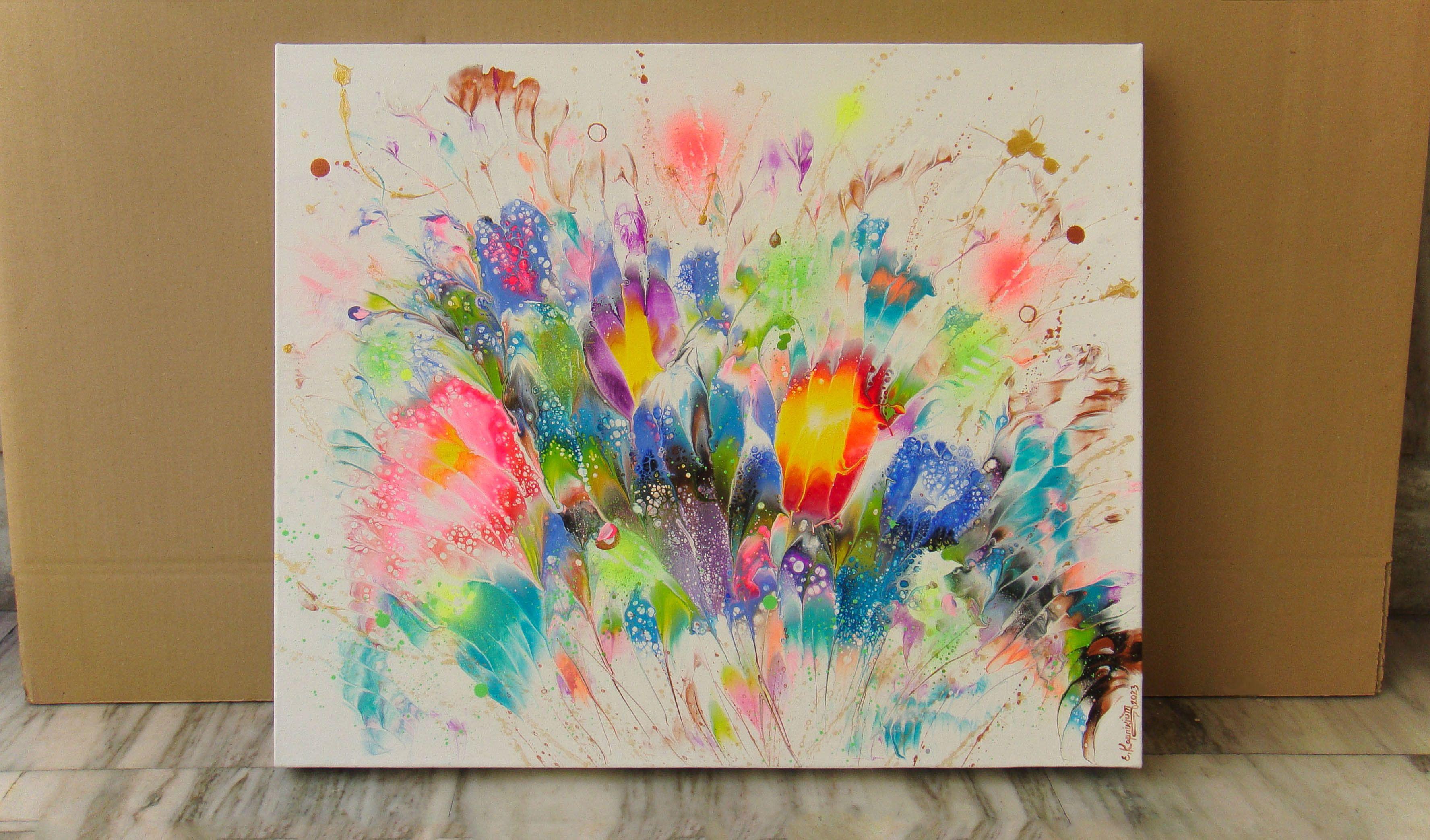 ¡Bienvenido a mi Galería y gracias por su visita!    Al crear esta pieza, vertí mi alma en una celebración extática del color y la vida. Con cada pincelada, imaginaba un estallido de energía vibrante, una danza de colores que recordaba la primera
