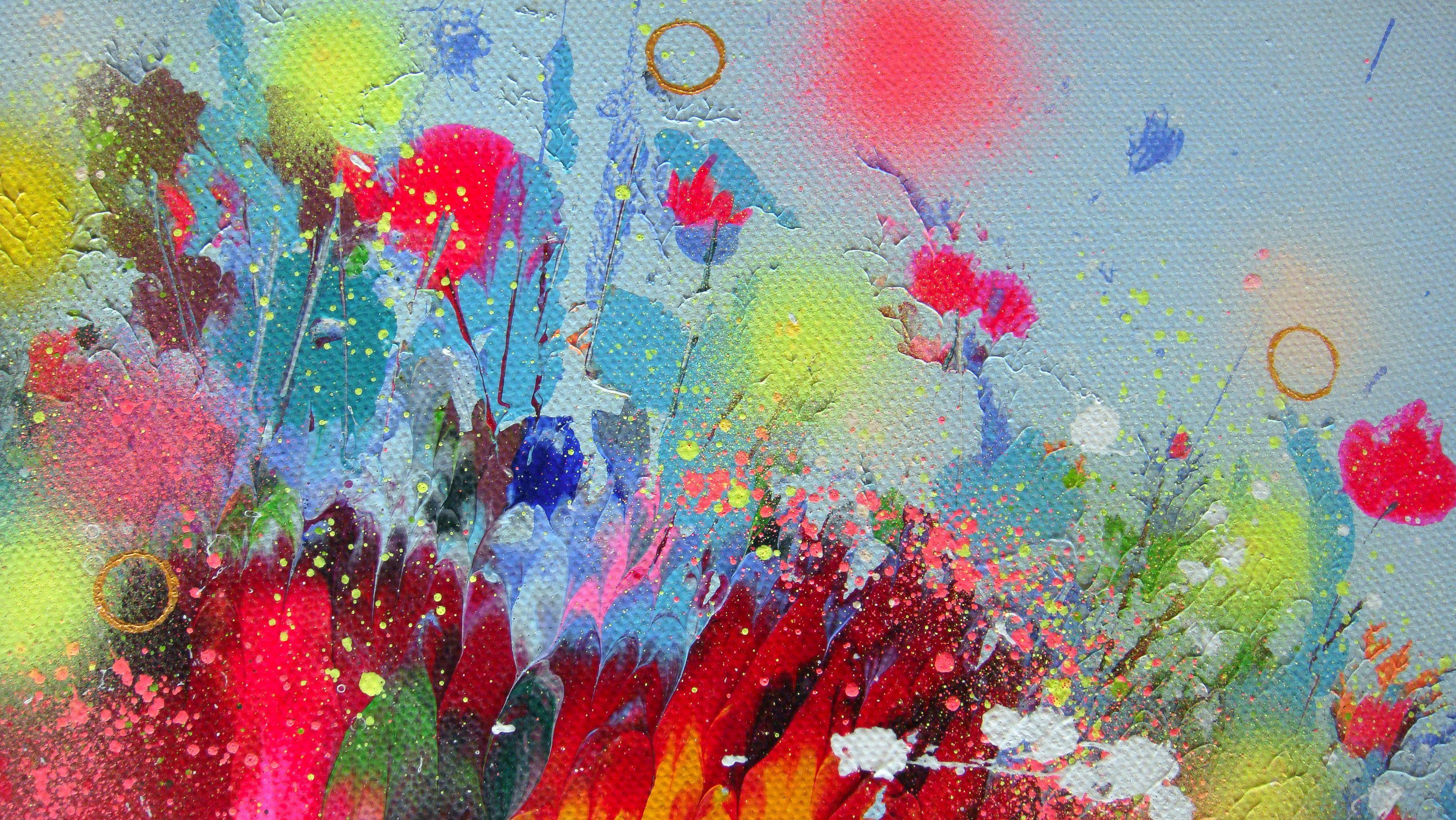 Original Floral Abstract Painting on canvas/    Stunning abstract landscape with flowers. In my artworks I want to show the beauty and magic of every blossom. Here is my abstract wild meadow flourishing beneath the blue sky. Several small flowers