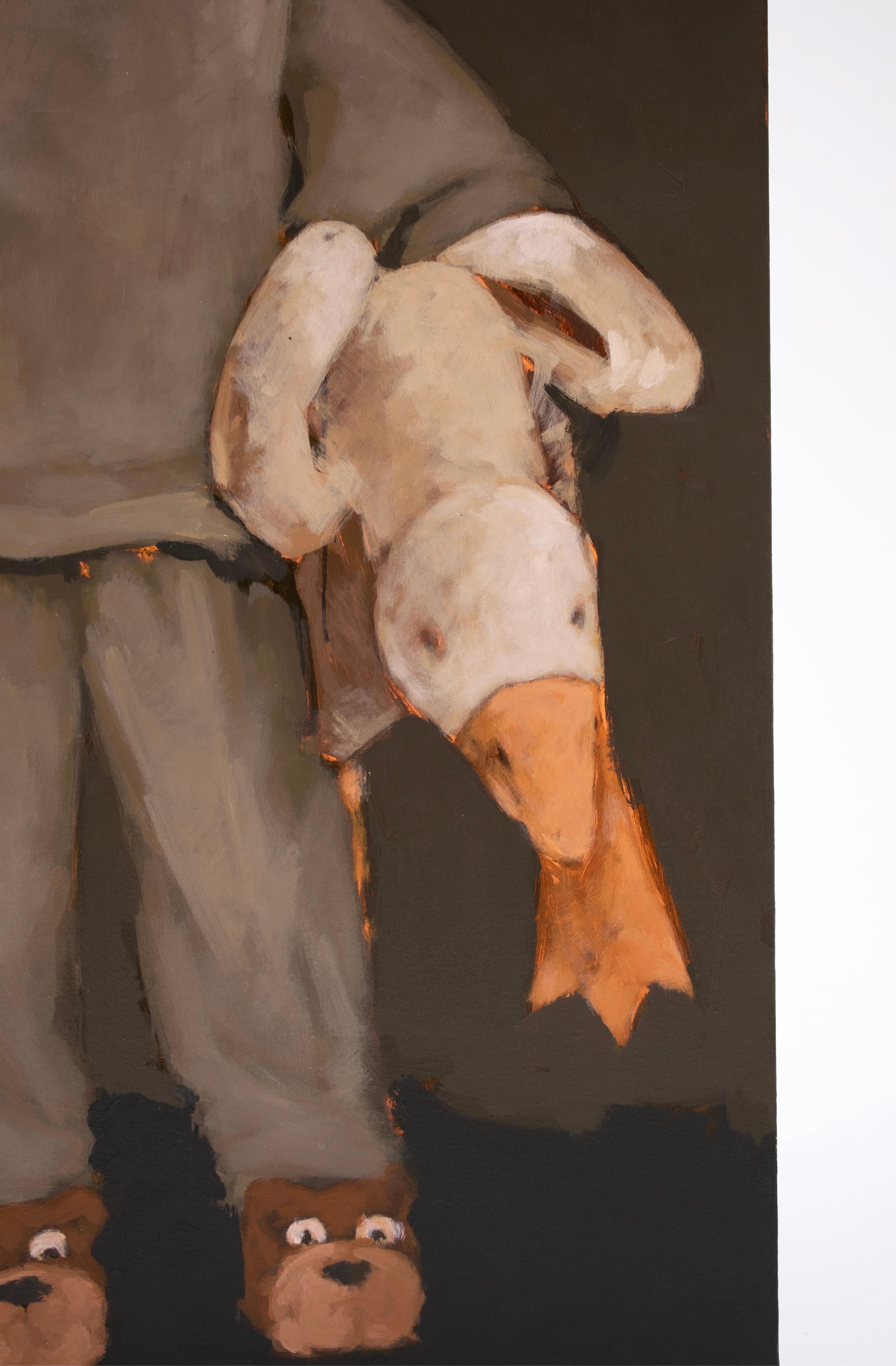 Irinka Talakhadze Figurative Oil Painting Kid Pajamas Holding Plush Goose For Sale 1