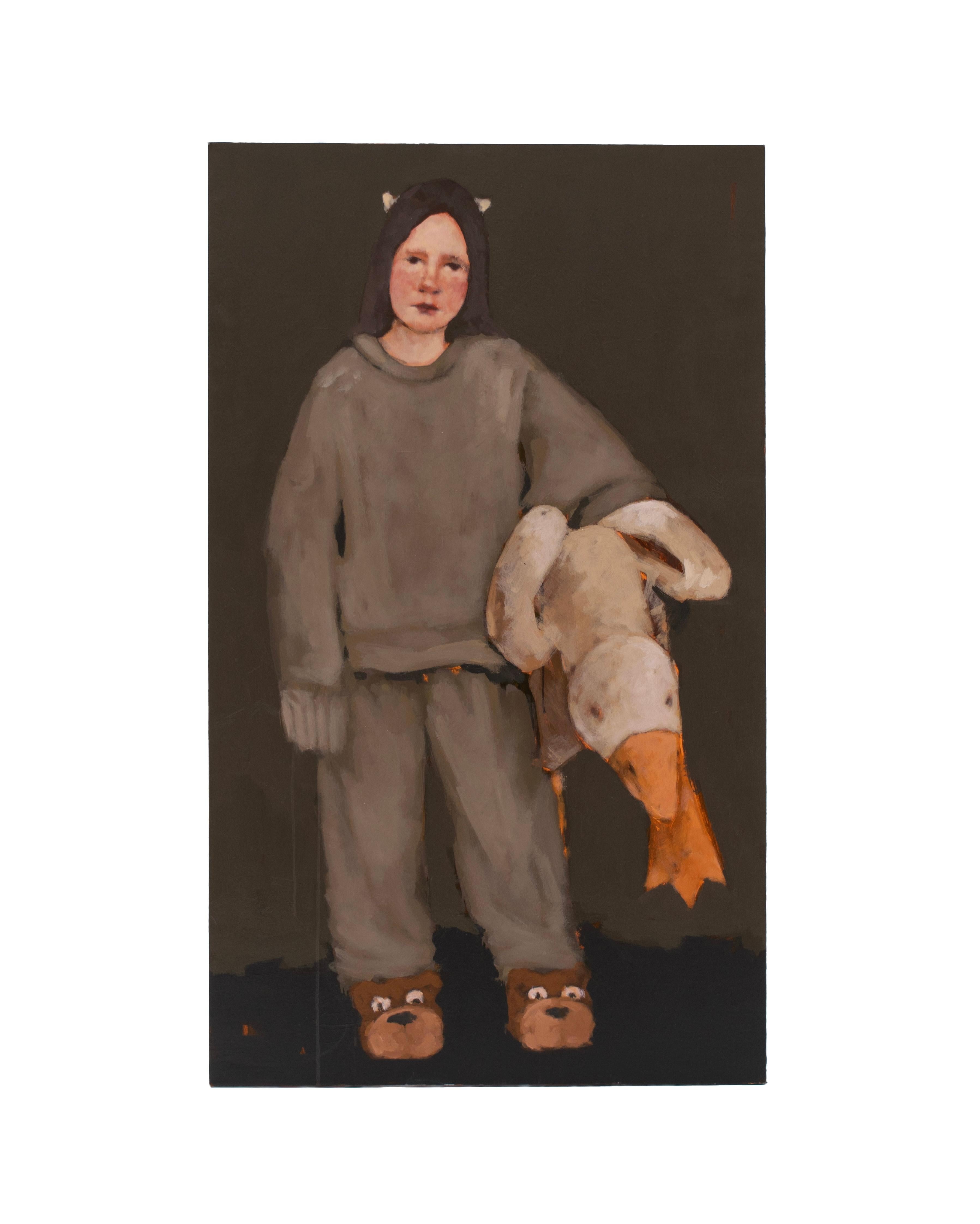Irinka Talakhadze Figurative Oil Painting Kid Pajamas Holding Plush Goose For Sale 2