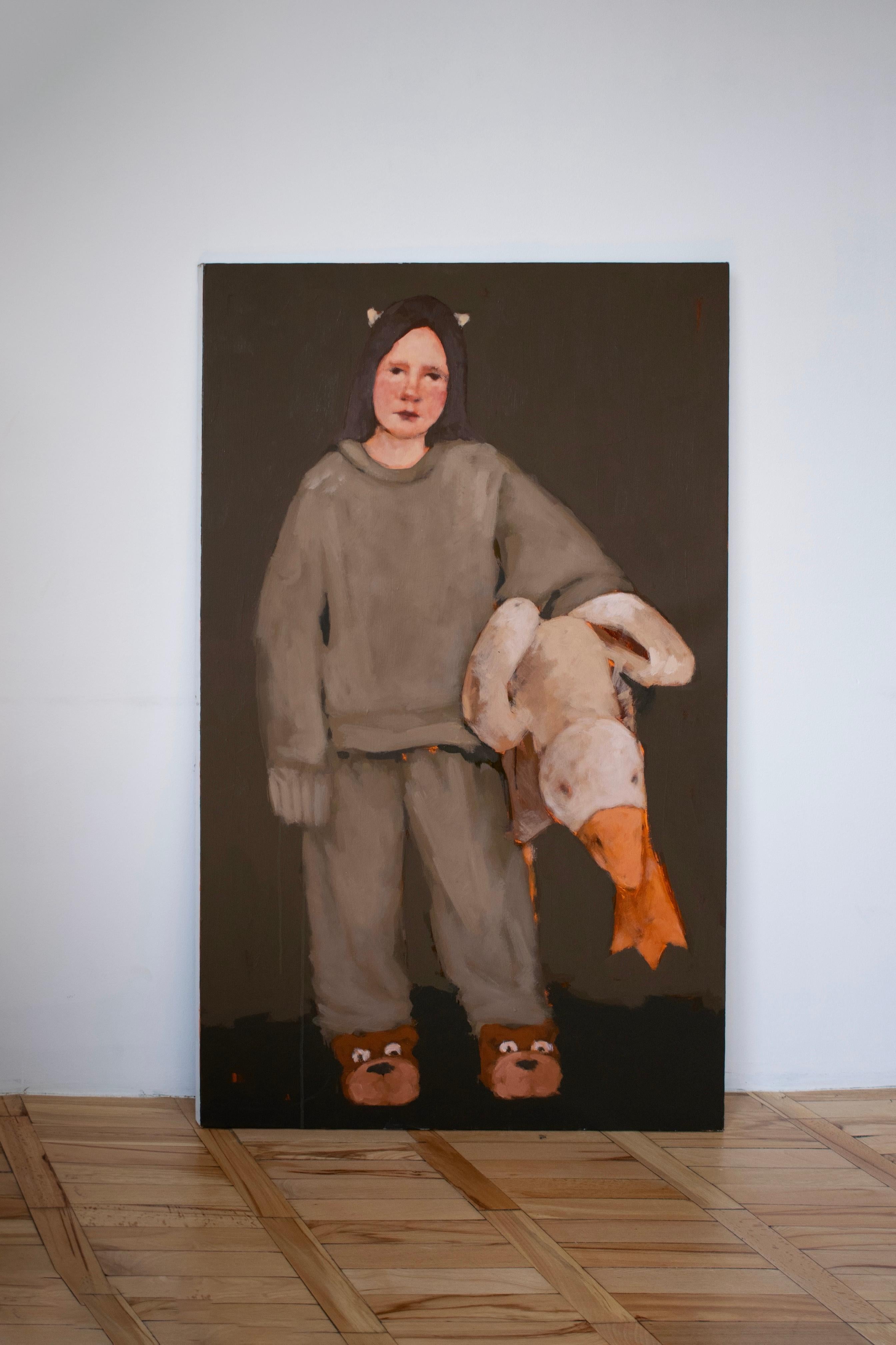 Irinka Talakhadze Figurative Oil Painting Kid Pajamas Holding Plush Goose For Sale 3