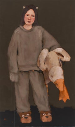 Irinka Talakhadze Pittura ad olio figurativa Pigiama per bambini con in mano un'oca di peluche