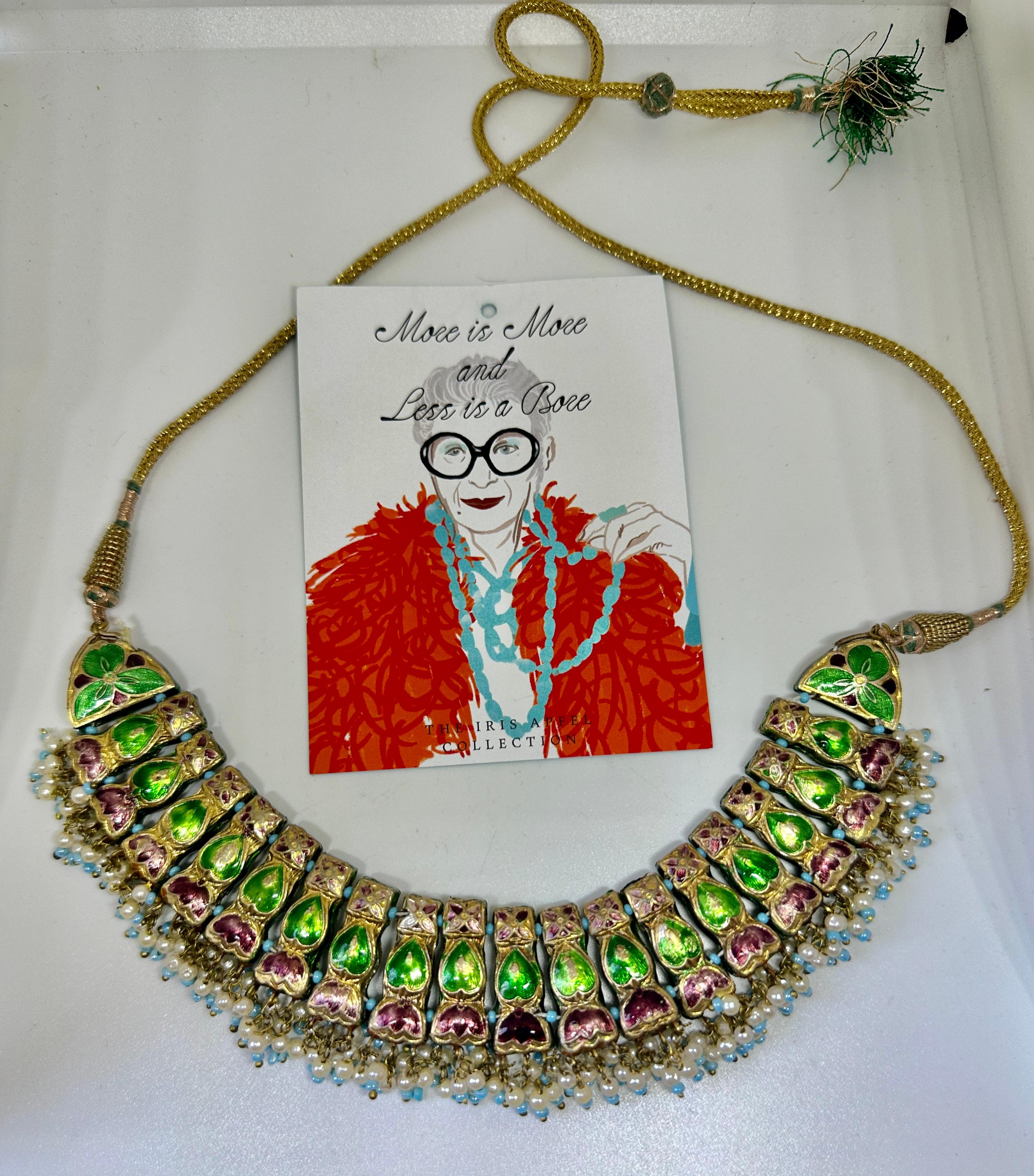 Iris Apfel Estate Personal Indian Heart Necklace Meenakari Enamel Pearl Fringe In Excellent Condition For Sale In New York, NY