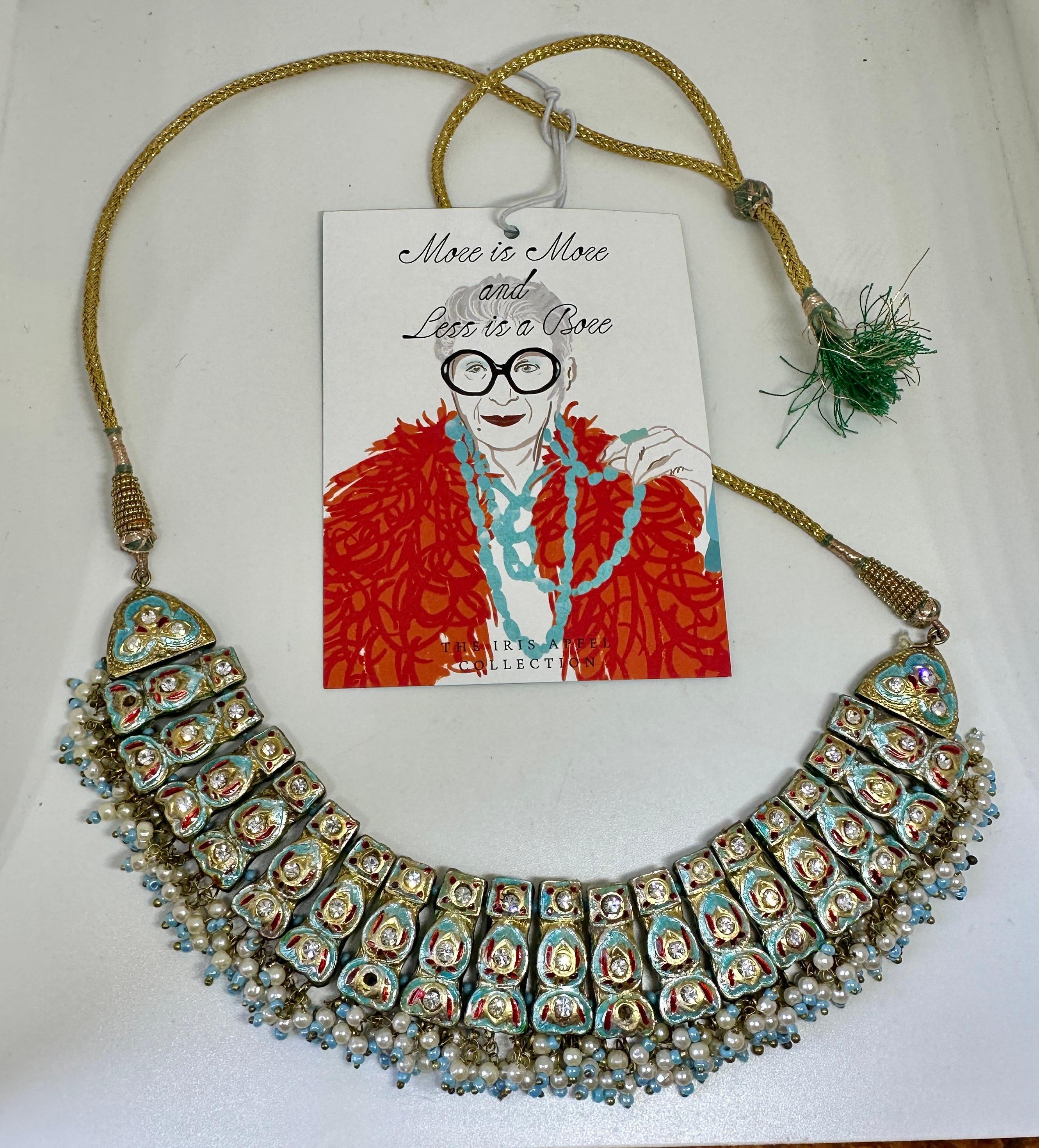 Women's or Men's Iris Apfel Estate Personal Indian Heart Necklace Meenakari Enamel Pearl Fringe For Sale