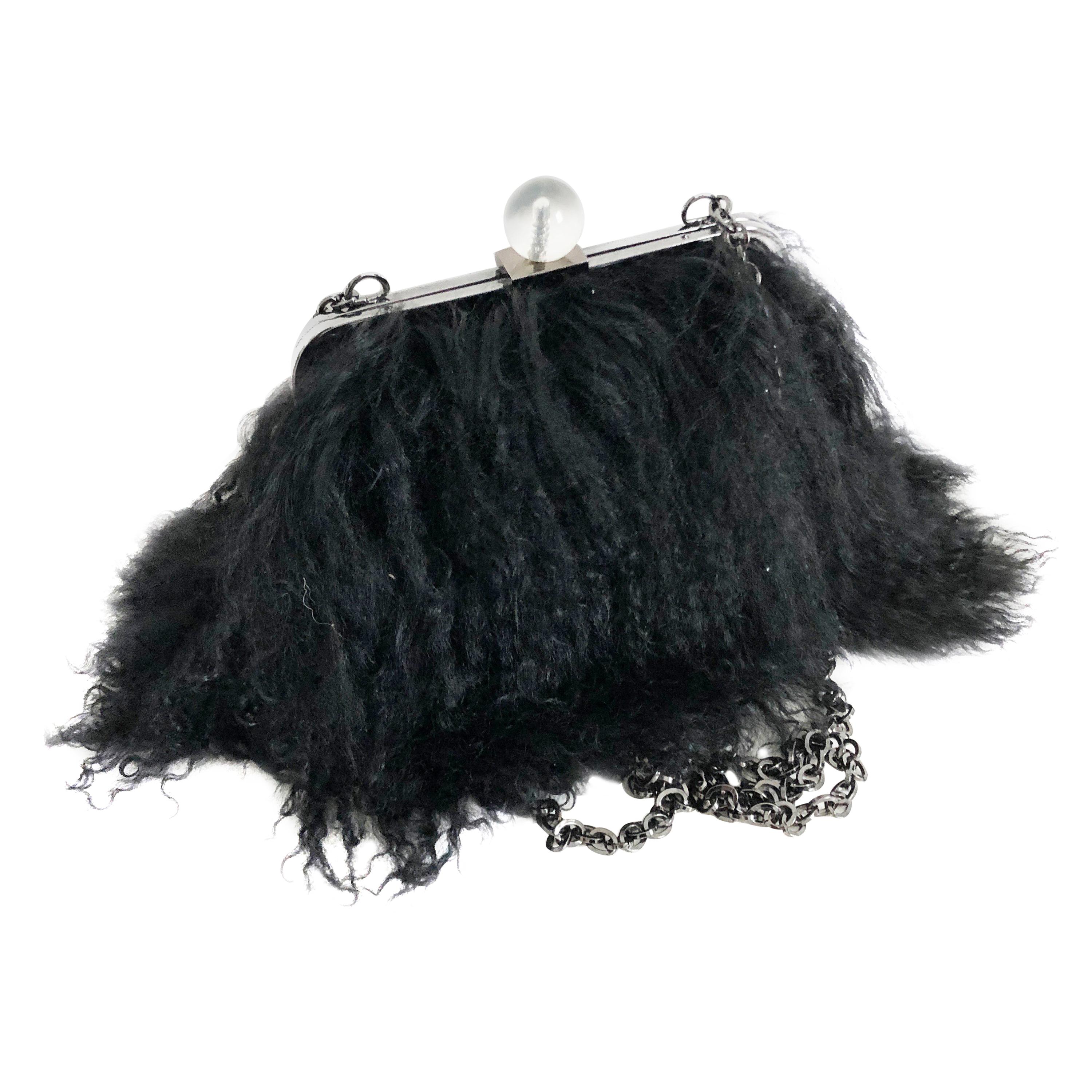 Iris Apfel Extinctions Black Mongolian Lamb Fur Shoulder Bag Clutch