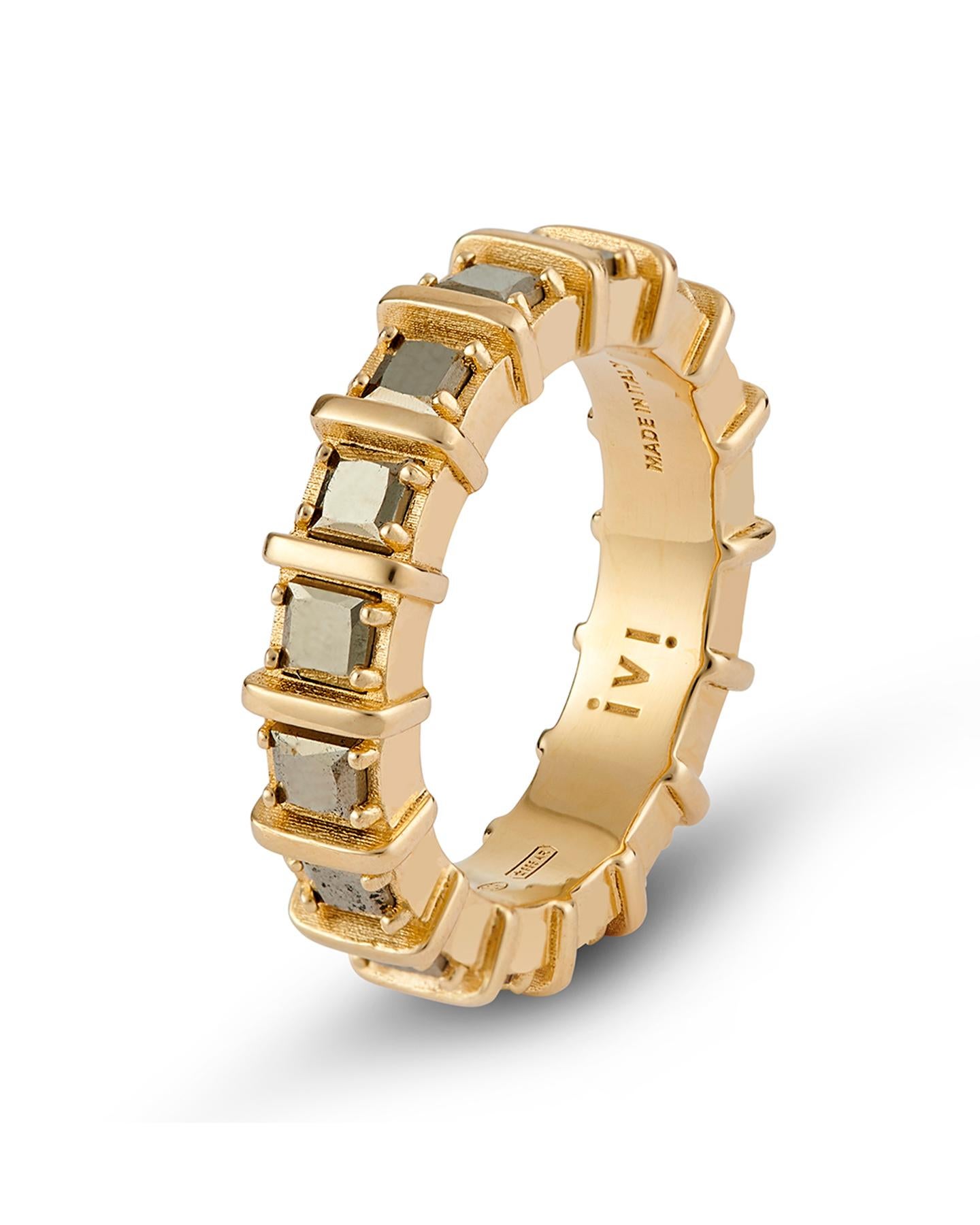 The gold-plated Iris band is set with shimmering pyrite encased in raised, squared frames. Wear this standout piece solo or stacked.

Details: 
925 Sterling Silver
Plated in 18K Yellow Gold
Weight: 1 oz (7.6g)
Gemstones: Pyrite
ivi ©. Made in