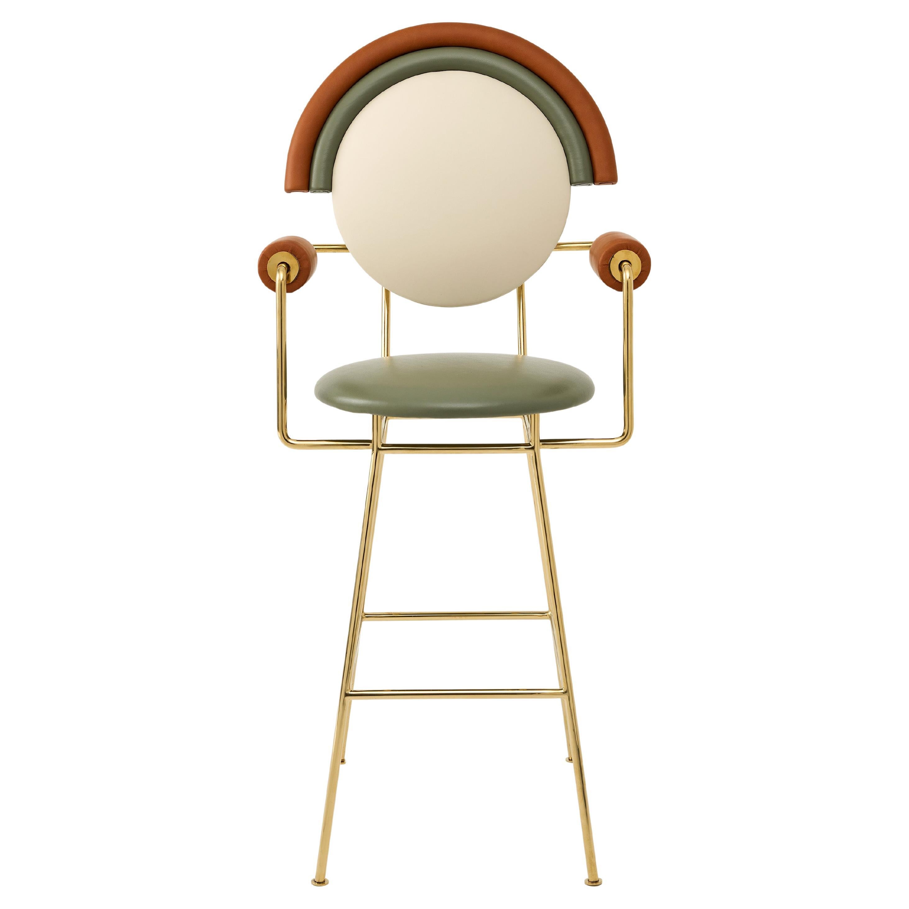Iris Bar Stool with Arms by Merve Kahraman, Leather & Polished Brass Finish