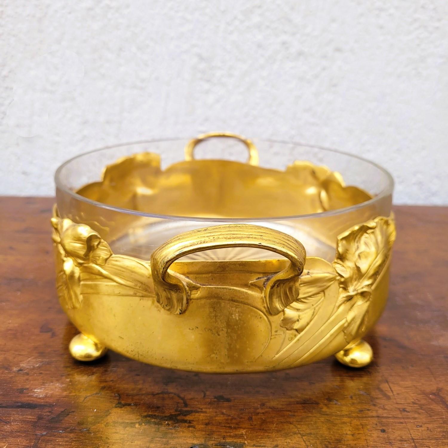 Ciotola Iris, metallo dorato e vetro, Art Nouveau, inizio XX secolo in vendita 5