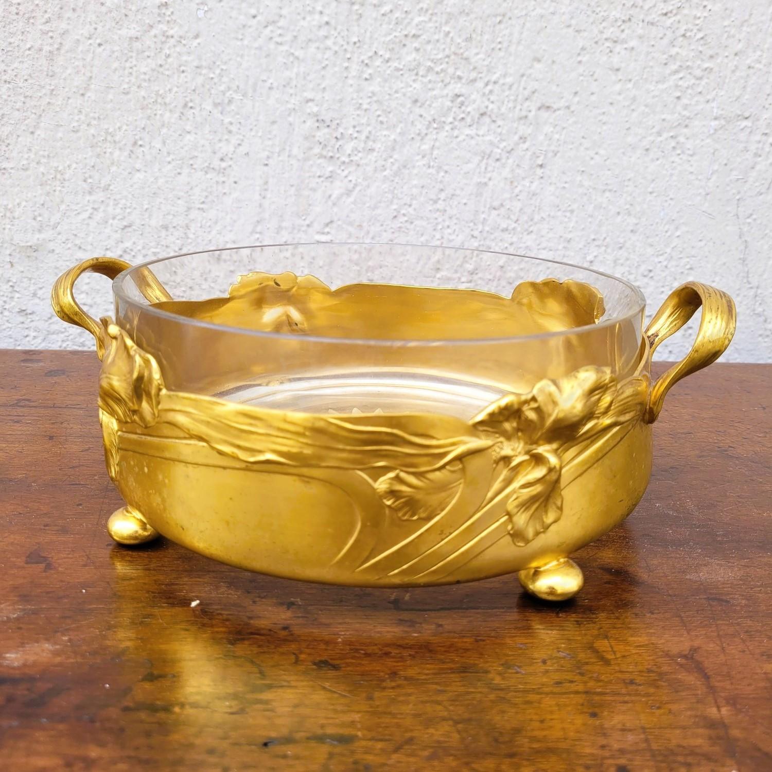 Ciotola Iris, metallo dorato e vetro, Art Nouveau, inizio XX secolo in vendita 10