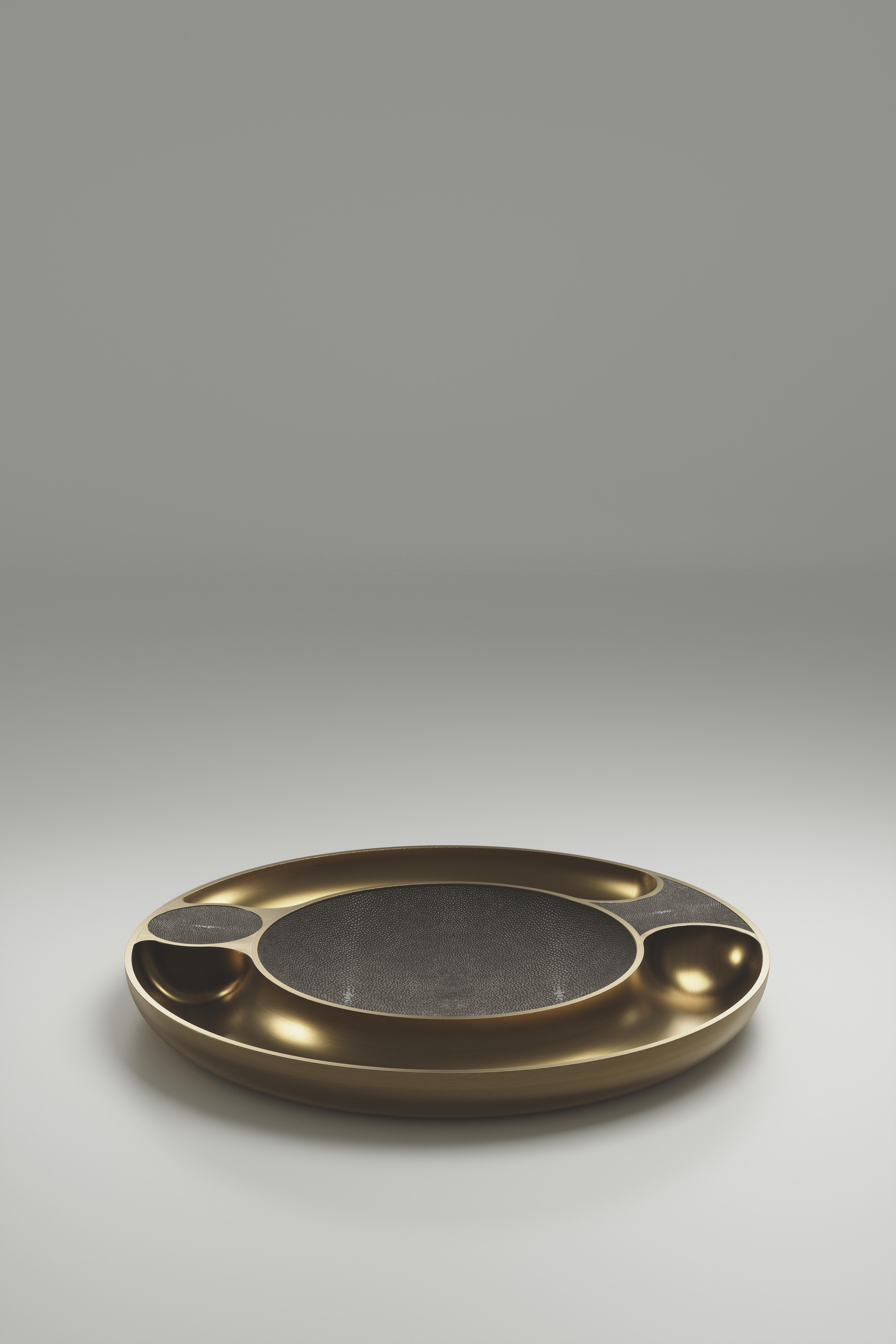 Art Deco Iris Bowl in Coal Black Shagreen with Bronze-Patina Brass by R&Y Augousti For Sale