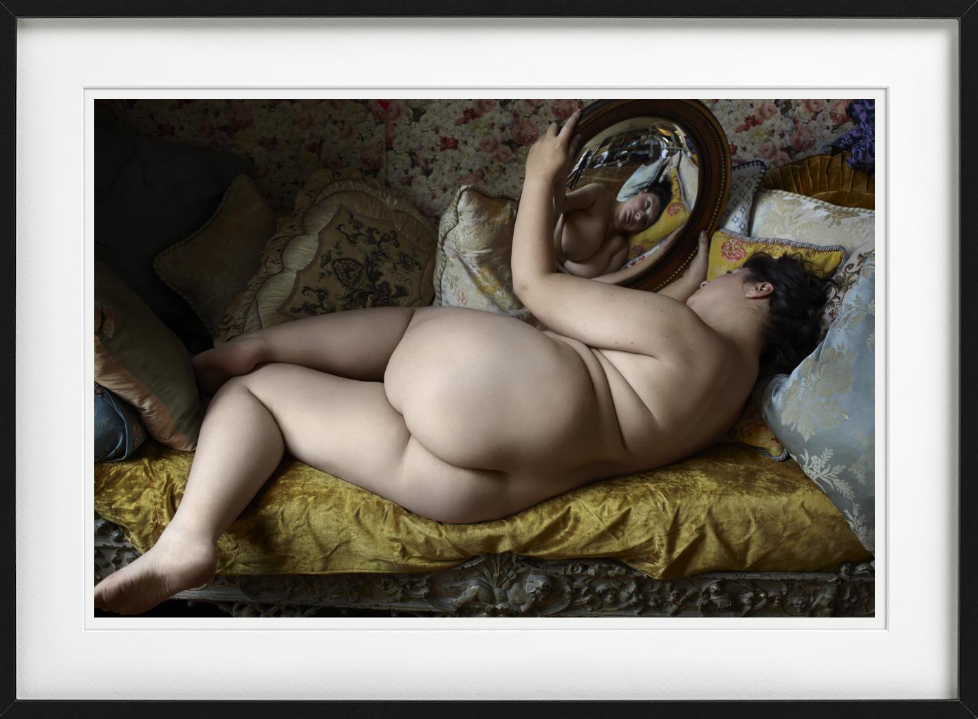 Beauty 009 - Nude on a Yellow Sofa with Mirror, Fine Art Photography For Sale 1