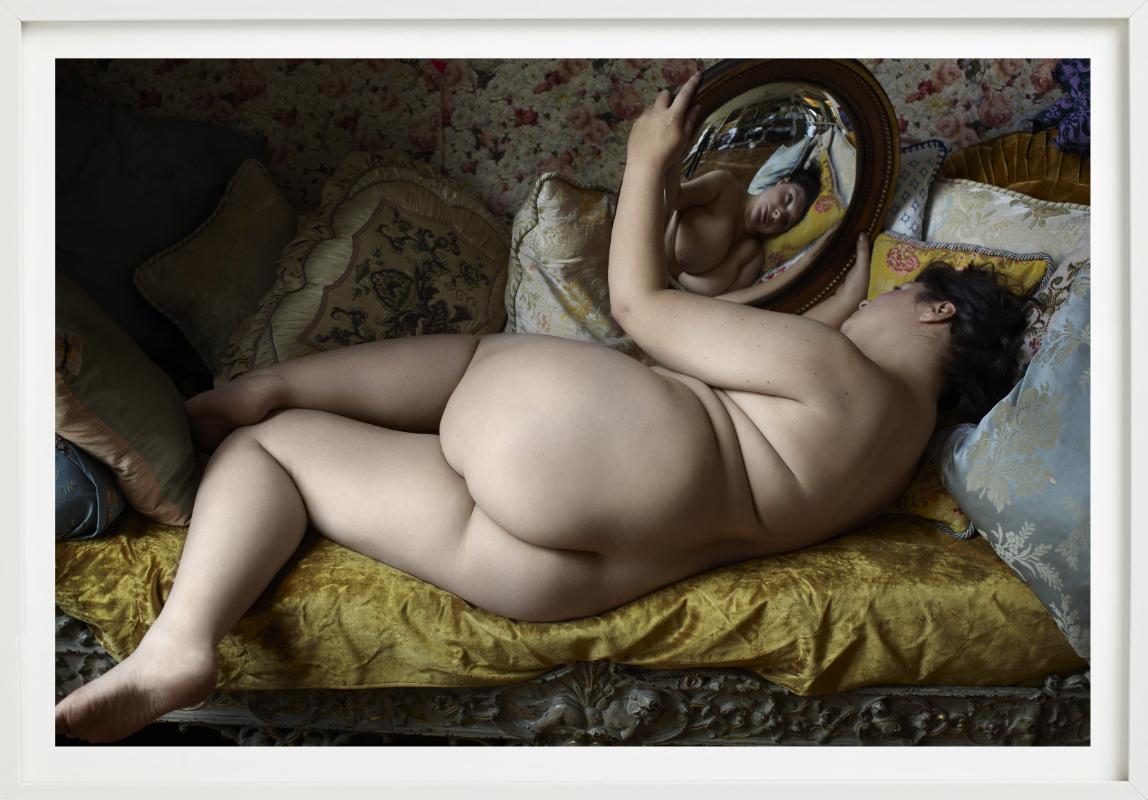 Beauty 009 - Nude on a Yellow Sofa with Mirror, Fine Art Photography For Sale 2