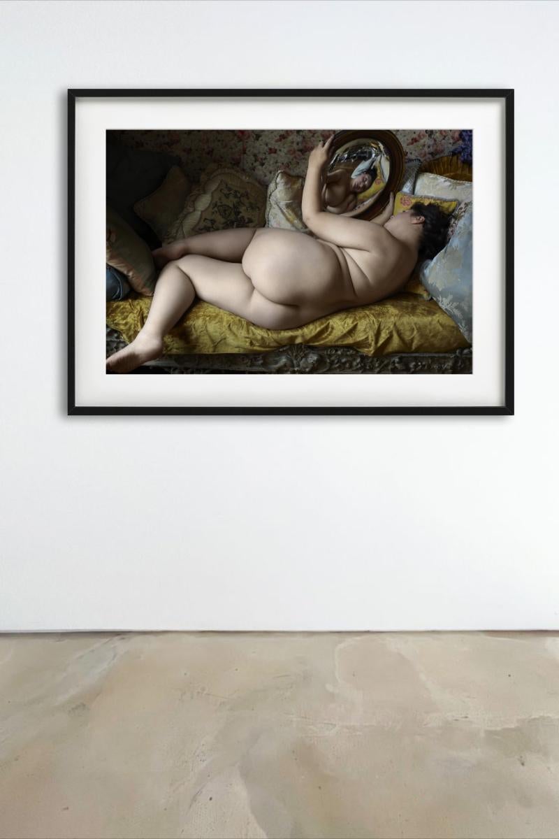 Beauty 009 - Nude on a Yellow Sofa with Mirror, Fine Art Photography For Sale 5