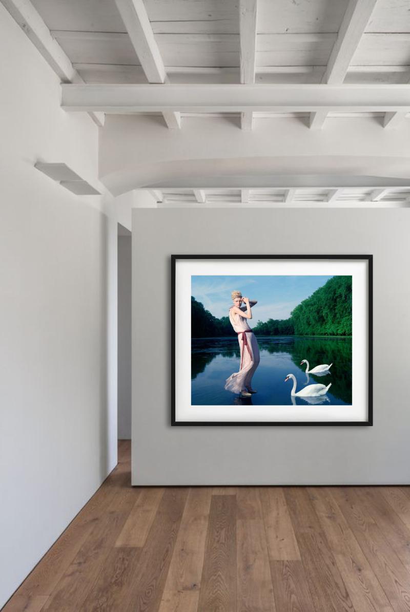 Mädchen mit Schwanen für die griechische Vogue – Seeblick, Kunstfotografie 2004 – Photograph von Iris Brosch