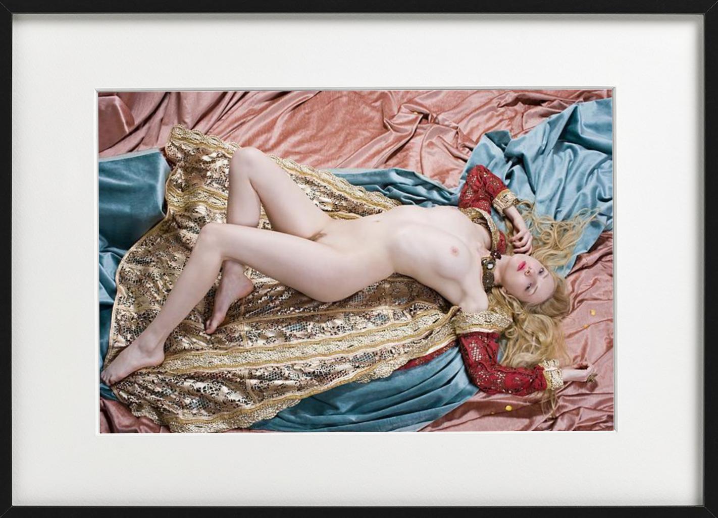 Lying Nude, NYC - nude model between fabrics, fine art photography, 2007 - Photograph by Iris Brosch