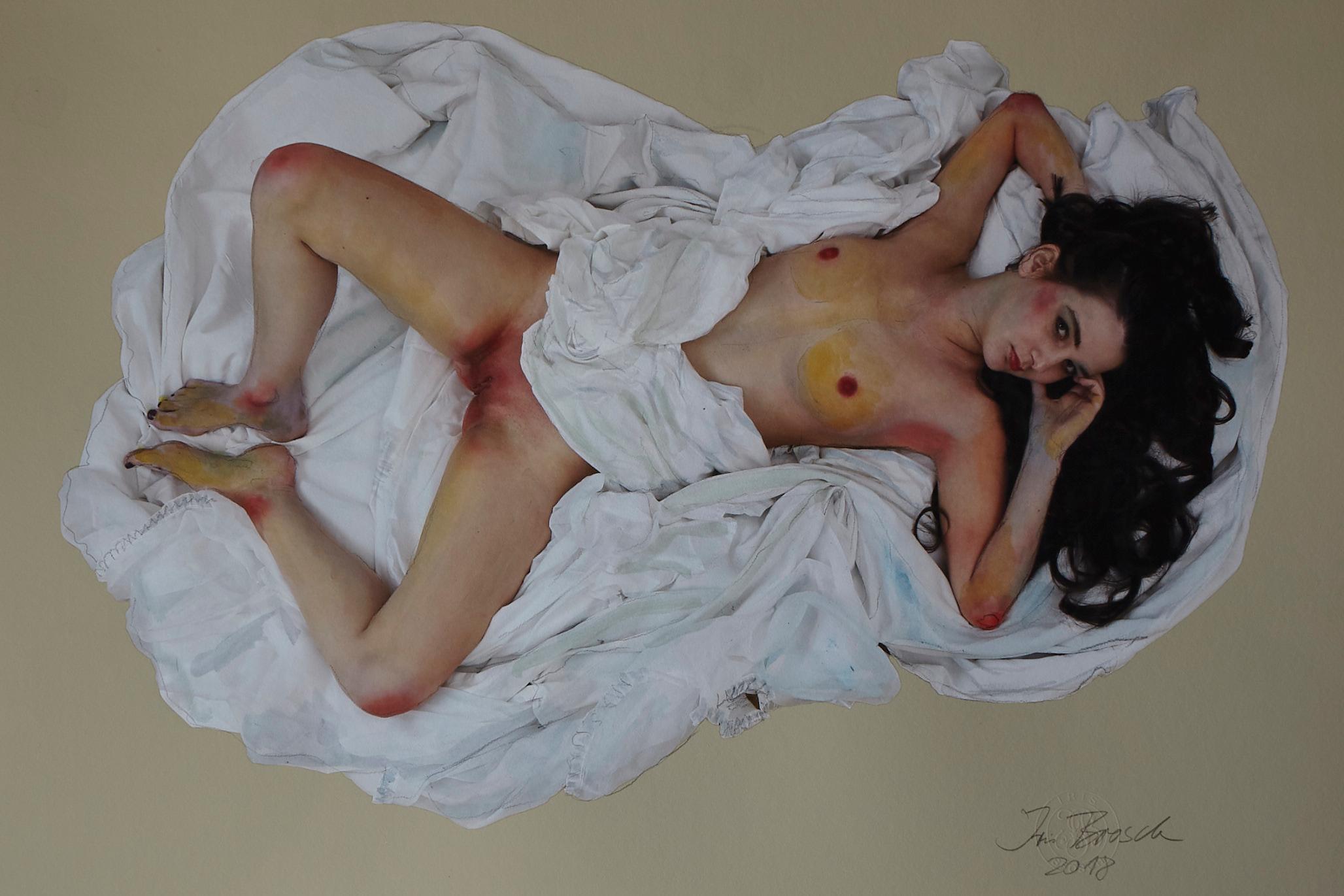 Iris Brosch Nude Photograph - MÄDCHEN IM BETTLAKEN; Homage to Egon Schiele